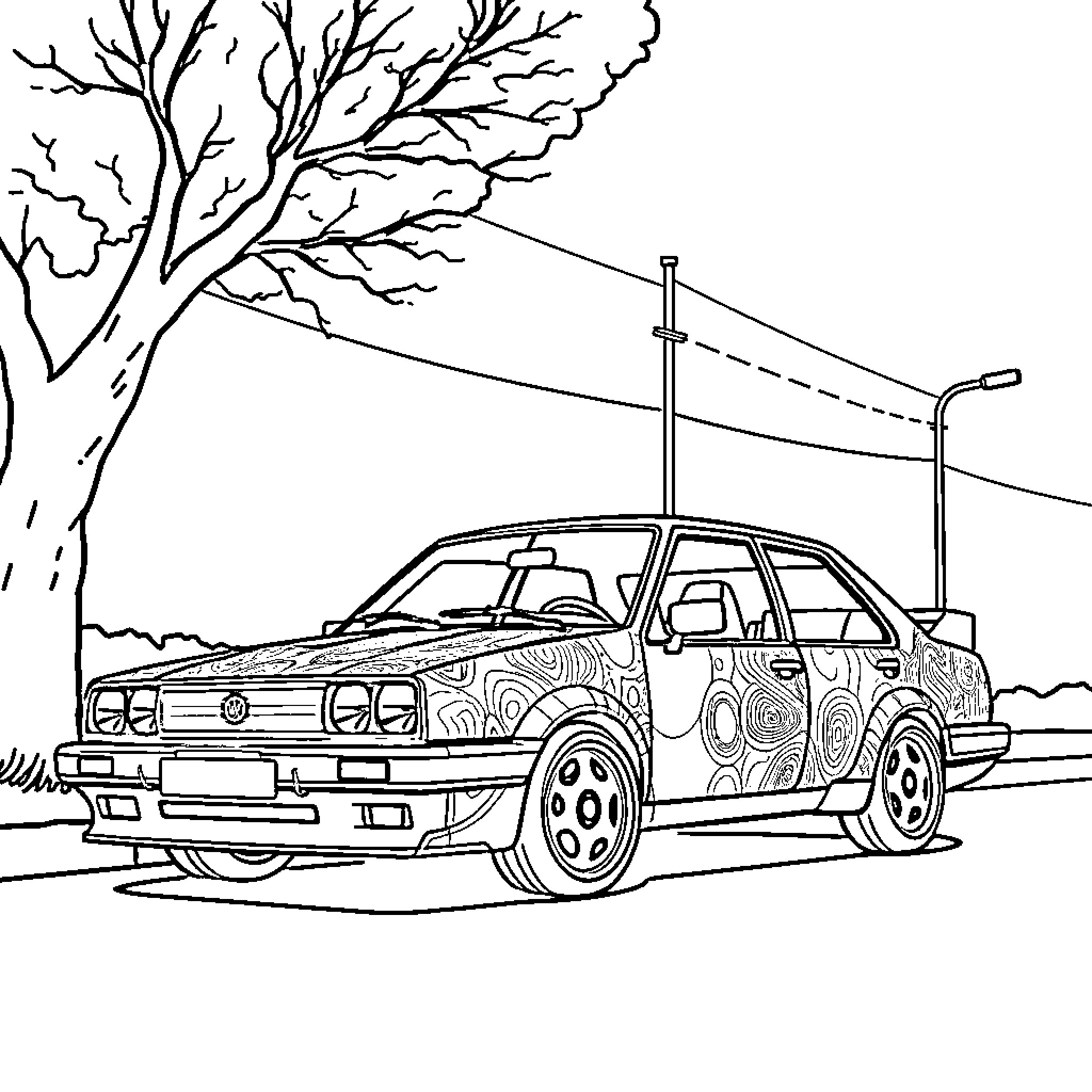 Car with artistic pattern on the road Coloring Page (free black-and-white line drawing printable PDF for all, from beginners to advanced learners, including children, teens, adults, and seniors)