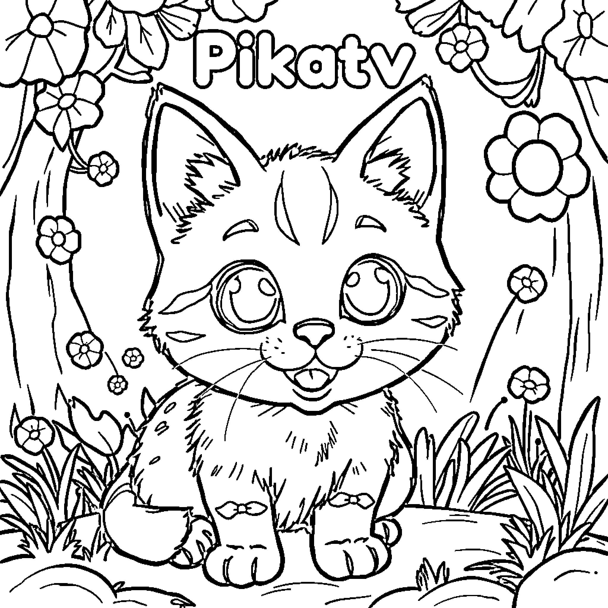 Pikatv: Playful Kitty in a Floral Wonderland Coloring Page (free black-and-white line drawing printable PDF for all, from beginners to advanced learners, including children, teens, adults, and seniors)