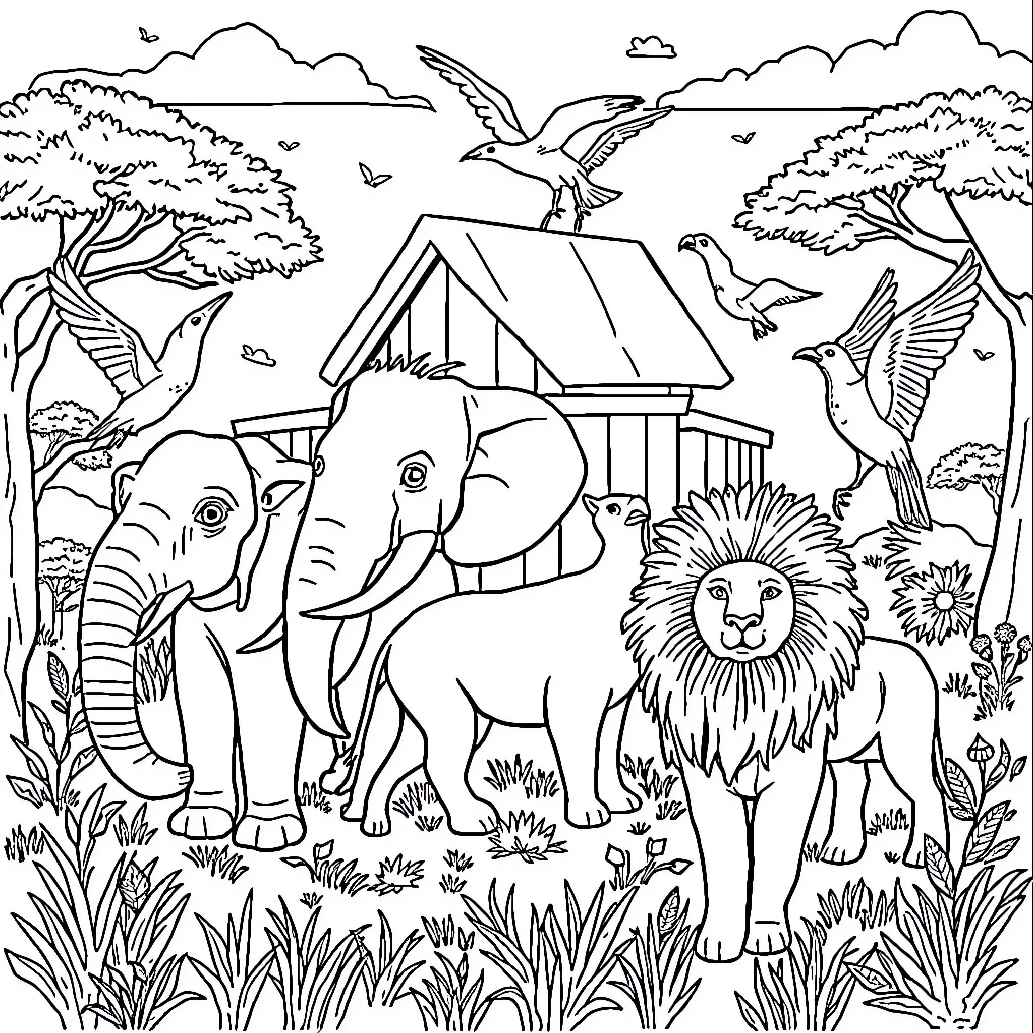 Ark Animal Sanctuary with Vibrant Wildlife Coloring Page (free black-and-white line drawing printable PDF for all, from beginners to advanced learners, including children, teens, adults, and seniors)