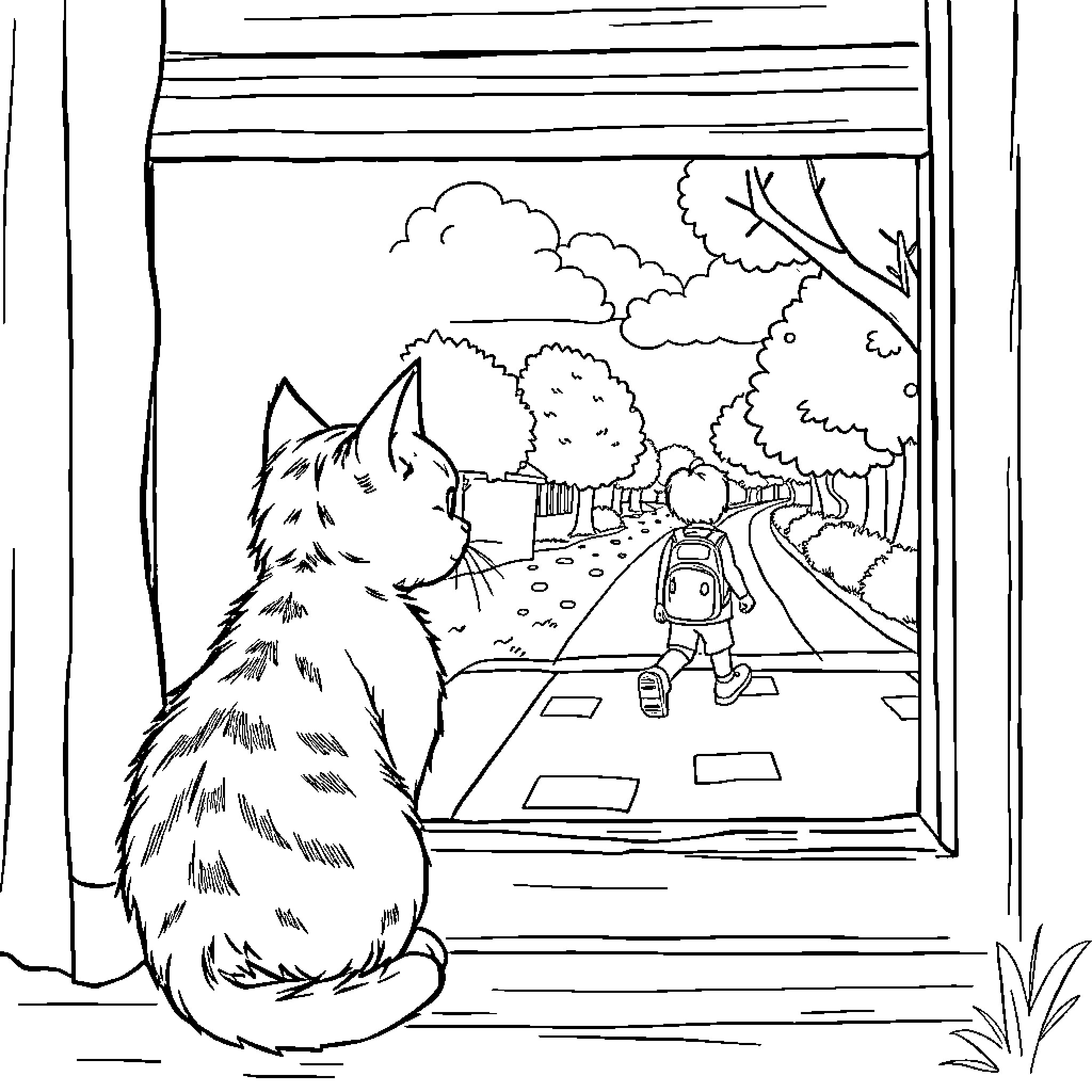 Kitty watching person walk on country road Coloring Page (free black-and-white line drawing printable PDF for all, from beginners to advanced learners, including children, teens, adults, and seniors)