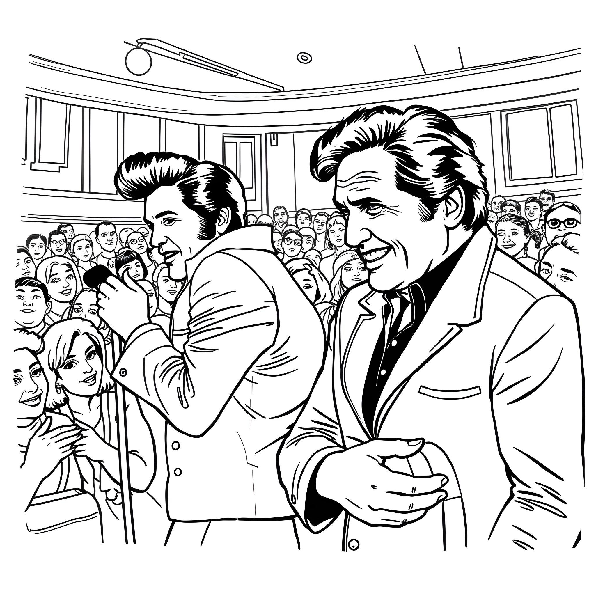 Elvis Presley Performing on Stage with Adoring Fans Coloring Page (free black-and-white line drawing printable PDF for all, from beginners to advanced learners, including children, teens, adults, and seniors)