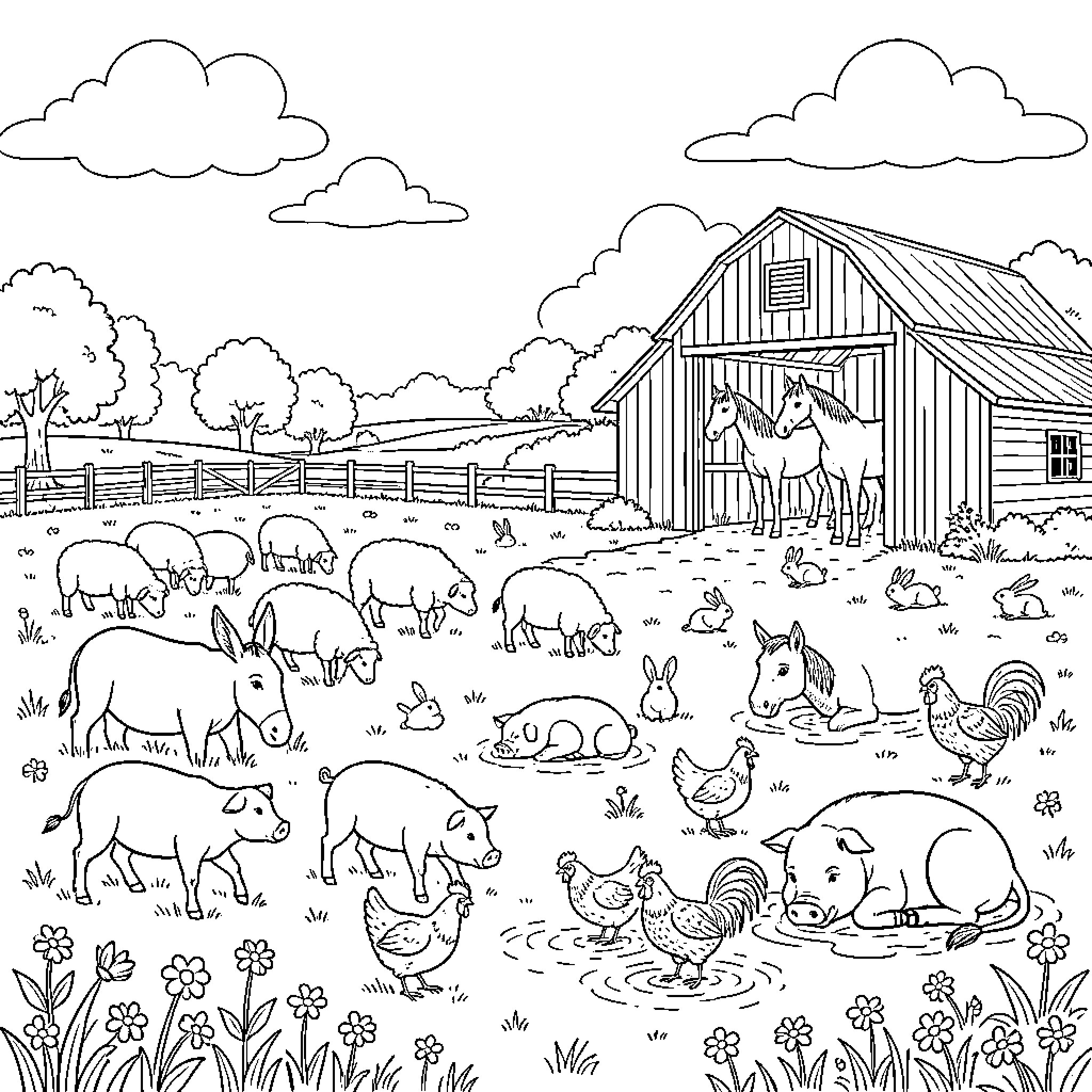 Farm animals gathered around a barn in a field Coloring Page (free black-and-white line drawing printable PDF for all, from beginners to advanced learners, including children, teens, adults, and seniors)