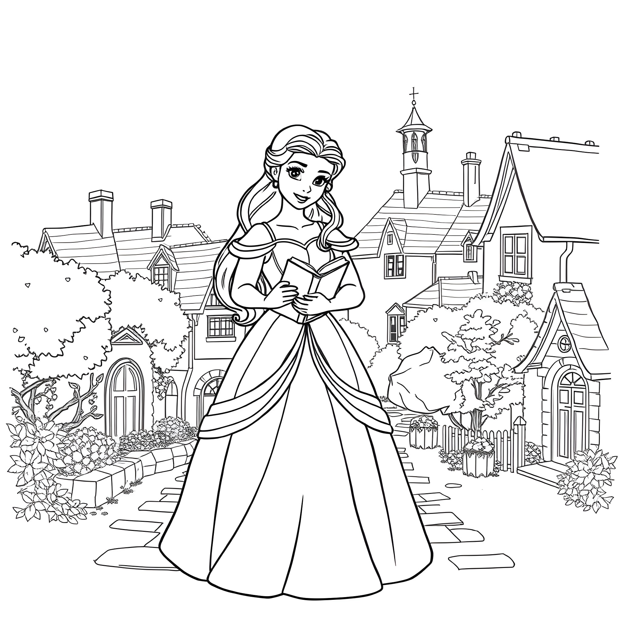 Belle in a Storybook Setting Coloring Page (free black-and-white line drawing printable PDF for all, from beginners to advanced learners, including children, teens, adults, and seniors)