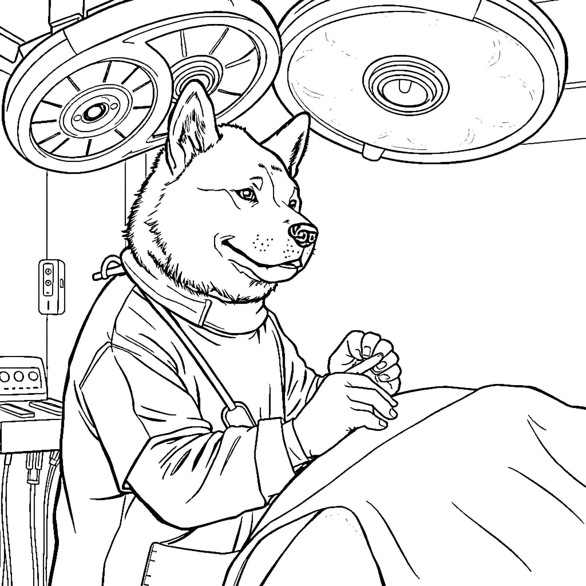 Akita in medical attire working diligently Coloring Page (free black-and-white line drawing printable PDF for all, from beginners to advanced learners, including children, teens, adults, and seniors)