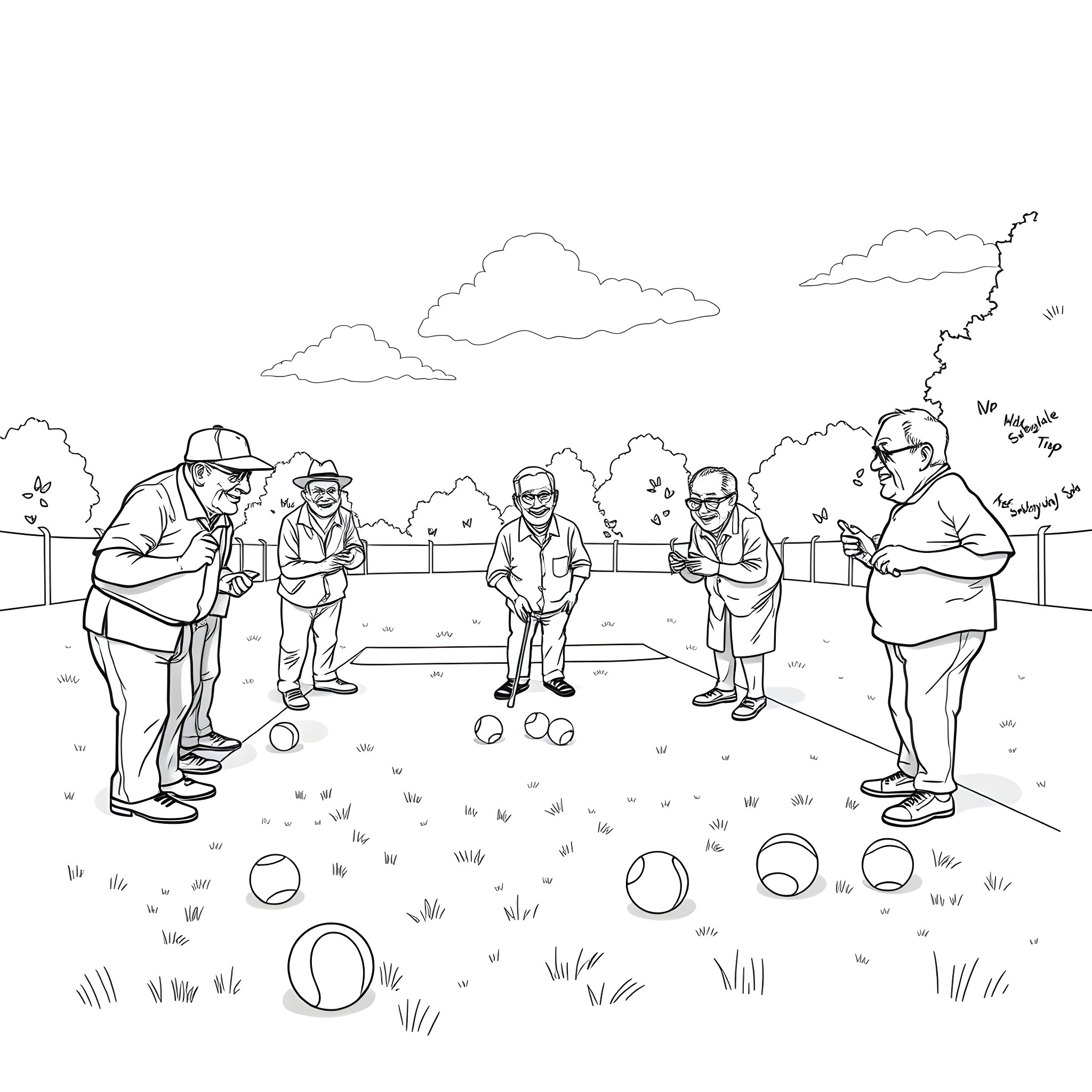 Man playing lawn bowling with friends in the park Coloring Page (free black-and-white line drawing printable PDF for all, from beginners to advanced learners, including children, teens, adults, and seniors)