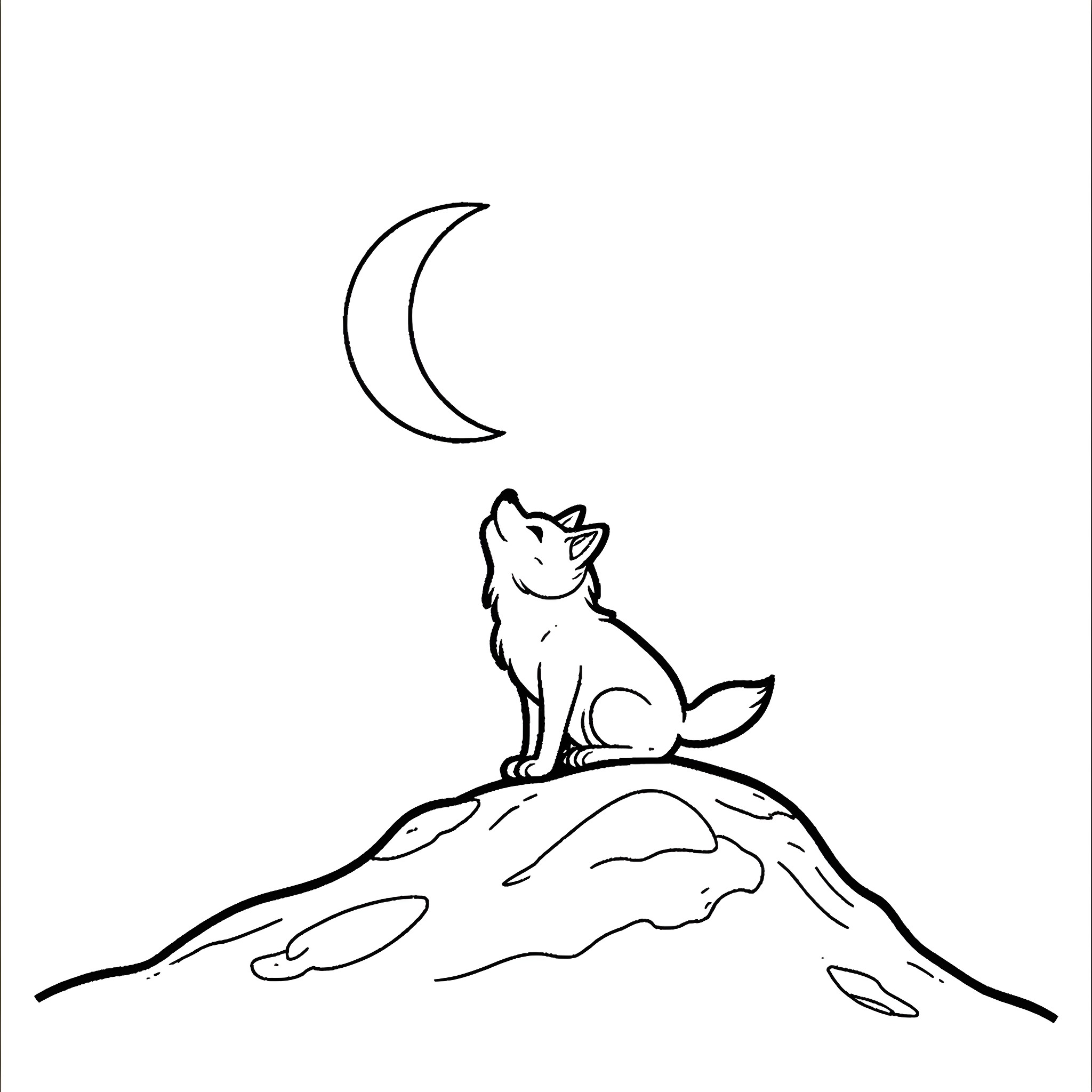 Wolf howling under the crescent moon Coloring Page (free black-and-white line drawing printable PDF for all, from beginners to advanced learners, including children, teens, adults, and seniors)