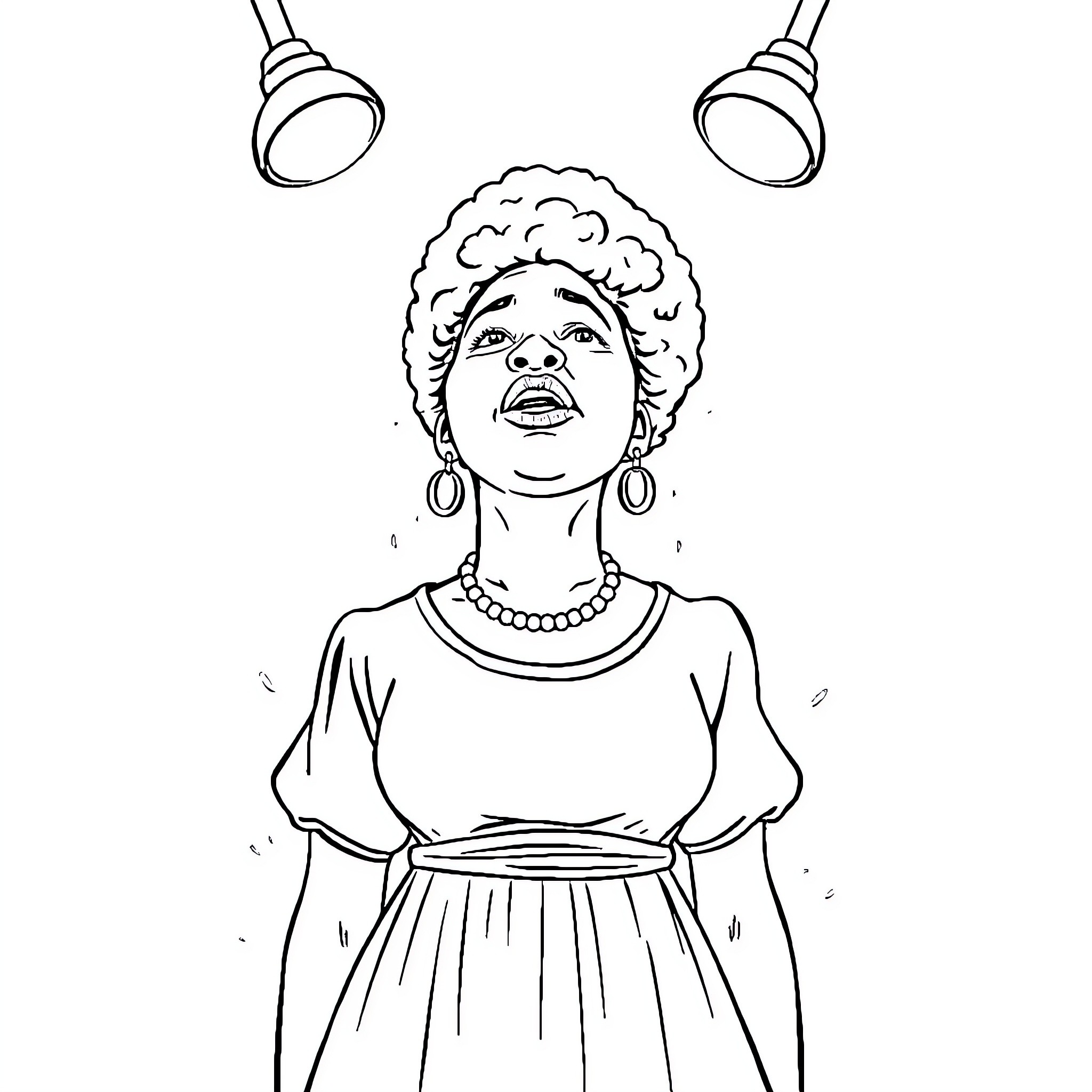 Celie's Radiant Expression Under the Spotlight Coloring Page (free black-and-white line drawing printable PDF for all, from beginners to advanced learners, including children, teens, adults, and seniors)