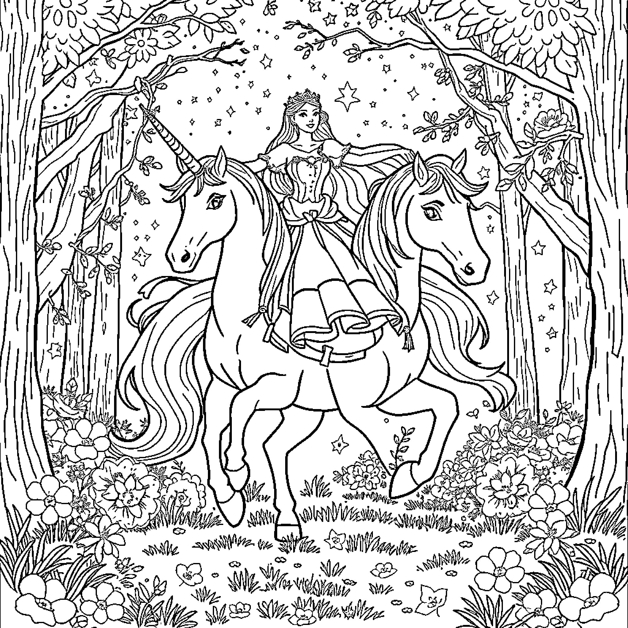 Princess Riding Magical Unicorns in Enchanted Forest Coloring Page (free black-and-white line drawing printable PDF for all, from beginners to advanced learners, including children, teens, adults, and seniors)