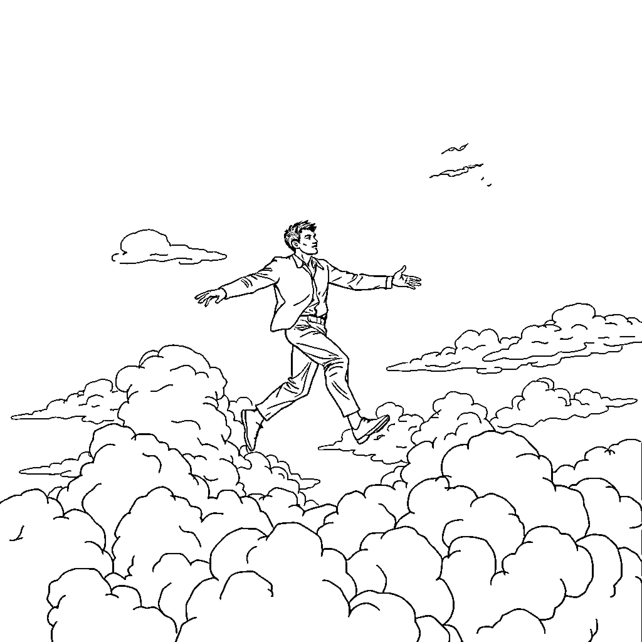 Man soaring through the clouds with outstretched arms Coloring Page (free black-and-white line drawing printable PDF for all, from beginners to advanced learners, including children, teens, adults, and seniors)