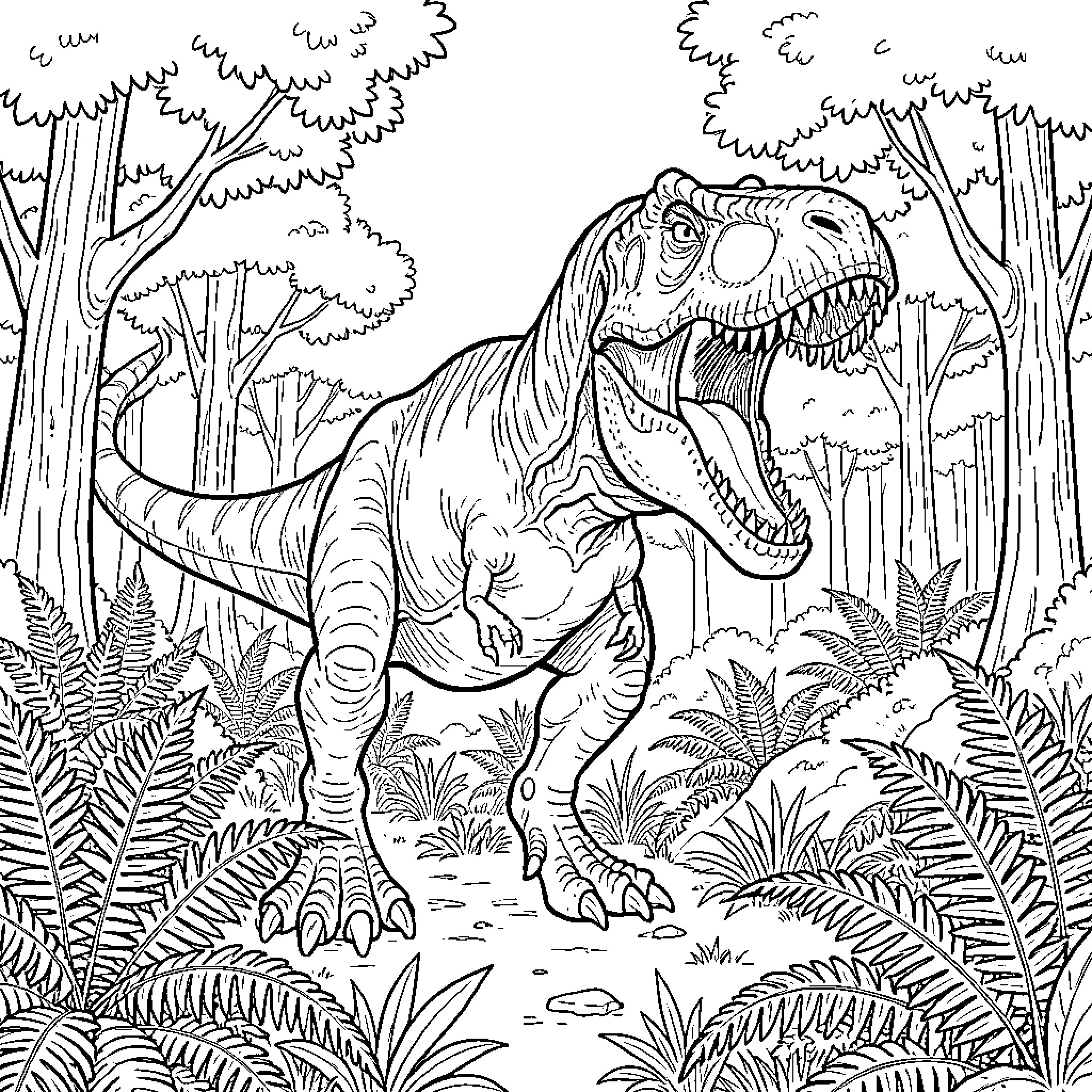 Tyrannosaurus Rex Stomping Through the Jurassic Forest Coloring Page (free black-and-white line drawing printable PDF for all, from beginners to advanced learners, including children, teens, adults, and seniors)