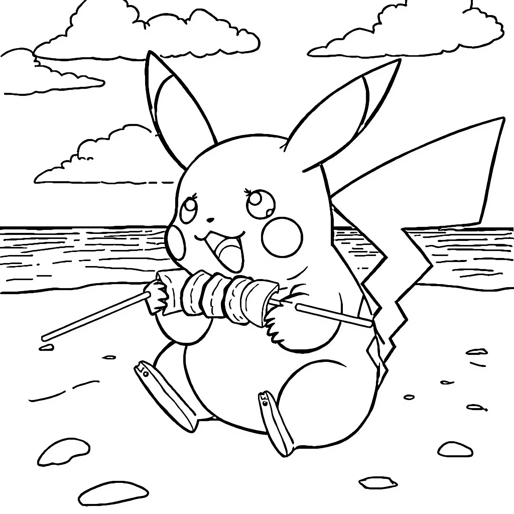 Pikachu enjoying a day at the beach Coloring Page (free black-and-white line drawing printable PDF for all, from beginners to advanced learners, including children, teens, adults, and seniors)