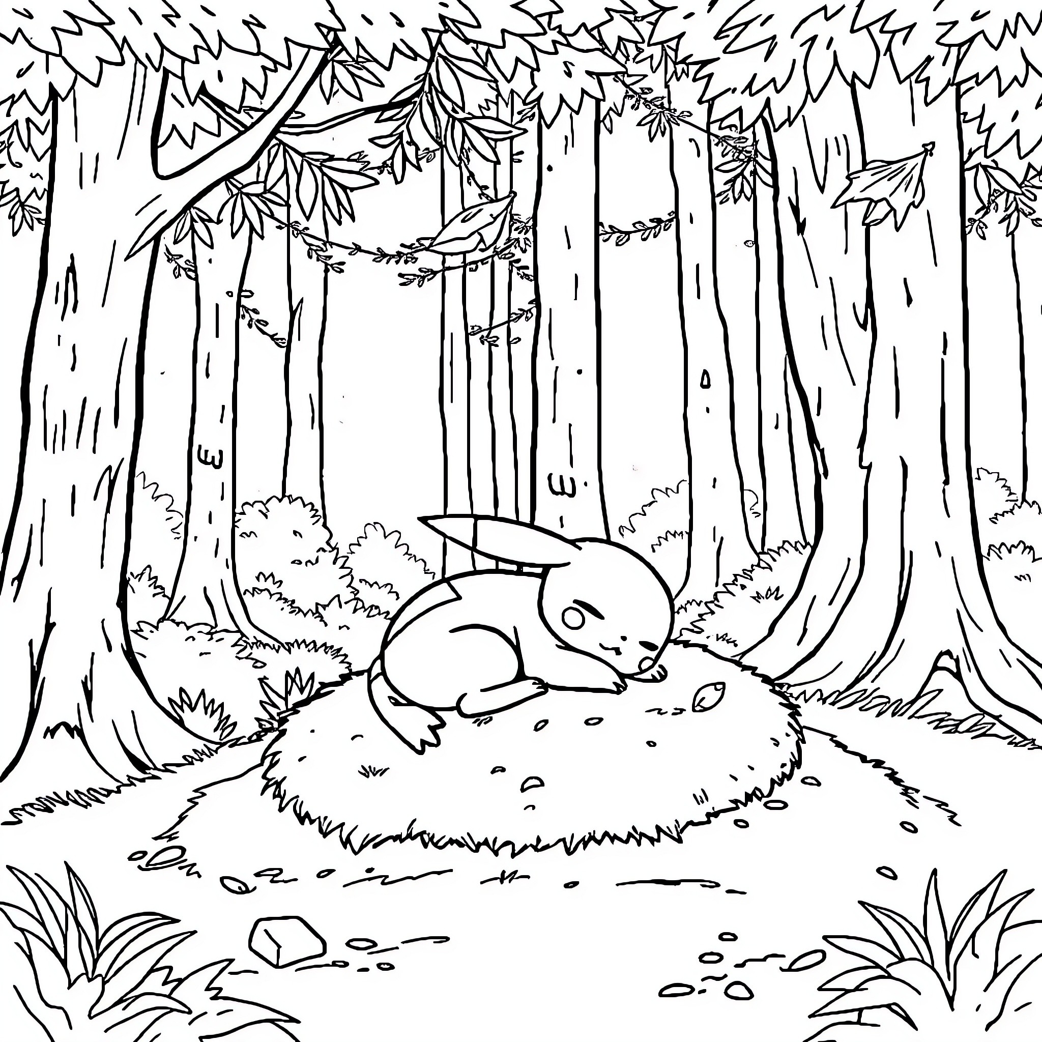 Pikachu Resting in Forest Clearing Coloring Page (free black-and-white line drawing printable PDF for all, from beginners to advanced learners, including children, teens, adults, and seniors)