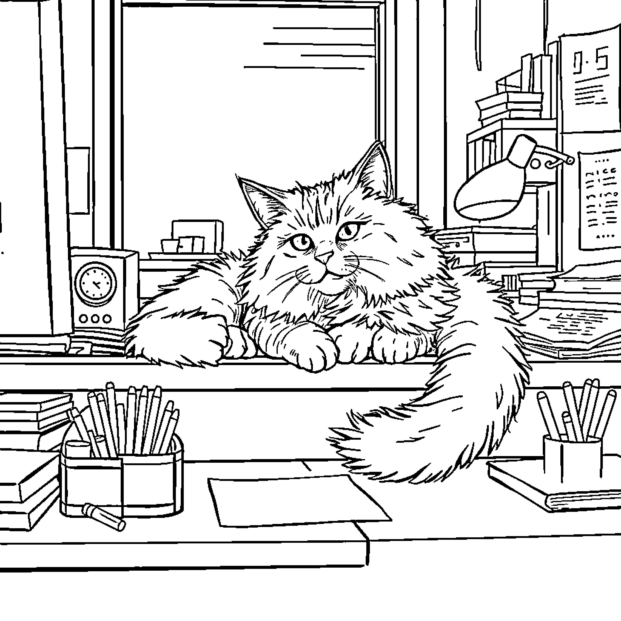 Cat relaxing in a cozy office setting Coloring Page (free black-and-white line drawing printable PDF for all, from beginners to advanced learners, including children, teens, adults, and seniors)