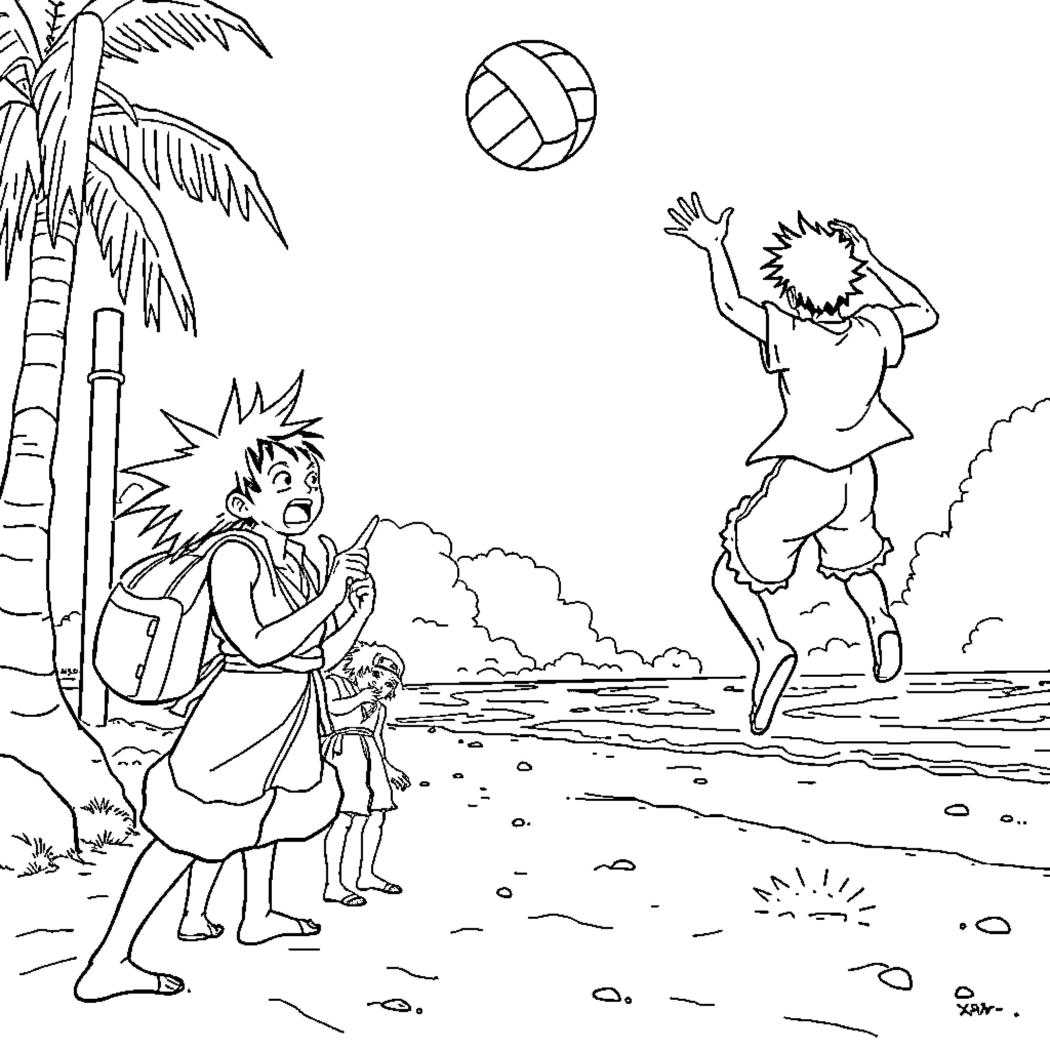 Luffy playing volleyball with friends on the beach Coloring Page (free black-and-white line drawing printable PDF for all, from beginners to advanced learners, including children, teens, adults, and seniors)