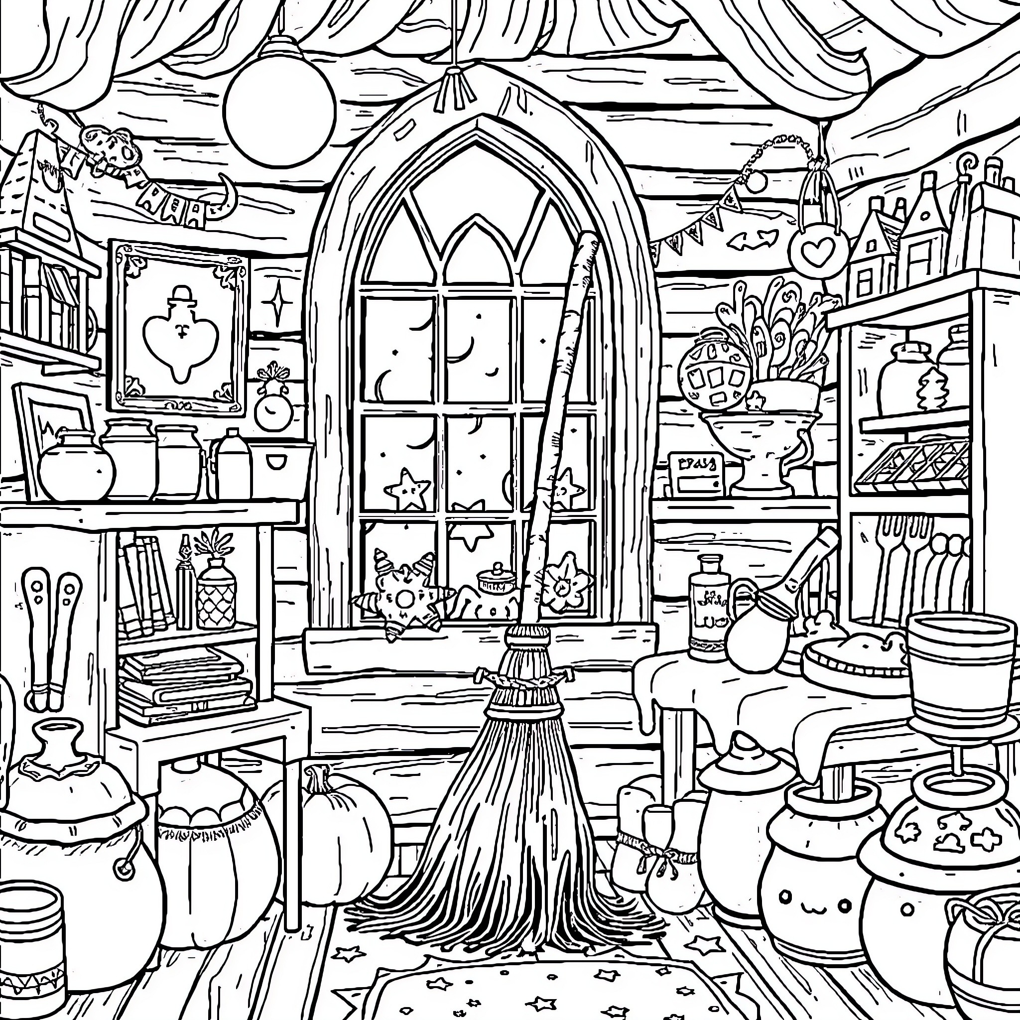 Broom sweeping magical cozy cottage scene Coloring Page (free black-and-white line drawing printable PDF for all, from beginners to advanced learners, including children, teens, adults, and seniors)
