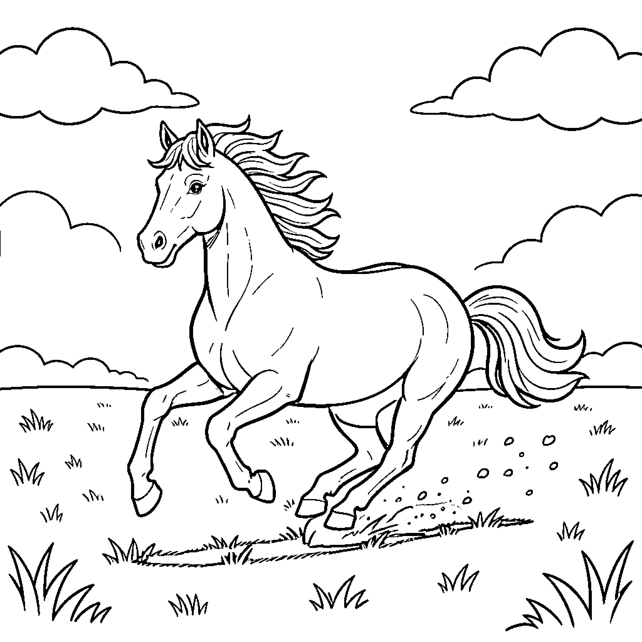 Horse running freely through grassy field Coloring Page (free black-and-white line drawing printable PDF for all, from beginners to advanced learners, including children, teens, adults, and seniors)