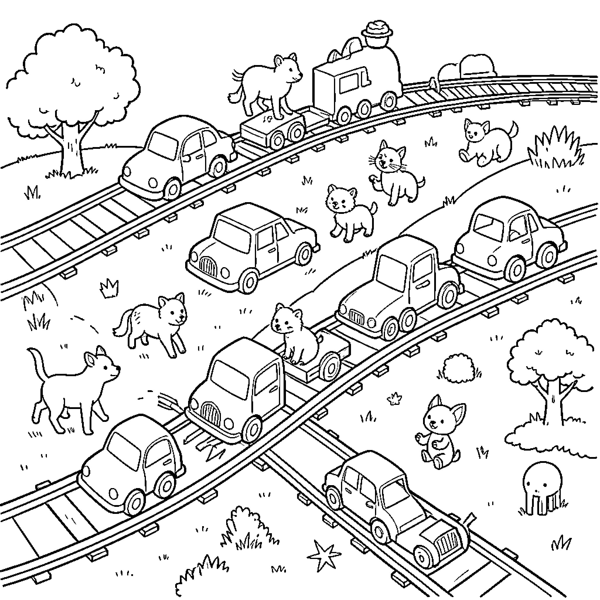 Car and small animals traveling along tracks Coloring Page (free black-and-white line drawing printable PDF for all, from beginners to advanced learners, including children, teens, adults, and seniors)
