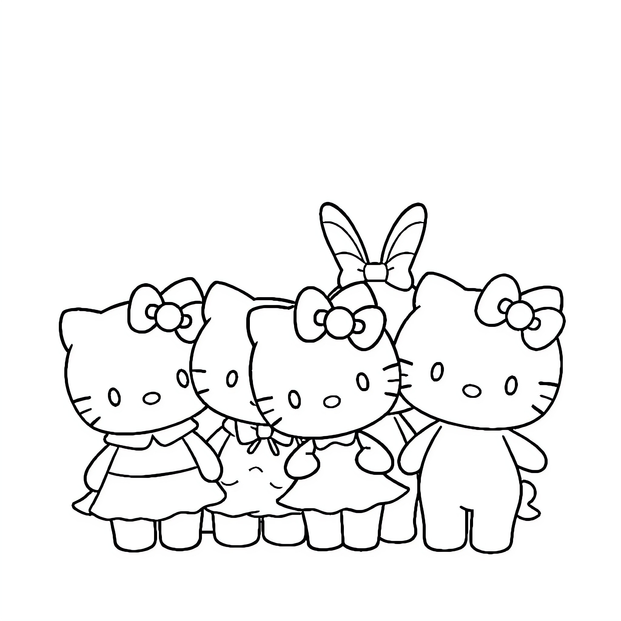 Sanrio Characters in Casual Outfits and Poses Coloring Page (free black-and-white line drawing printable PDF for all, from beginners to advanced learners, including children, teens, adults, and seniors)