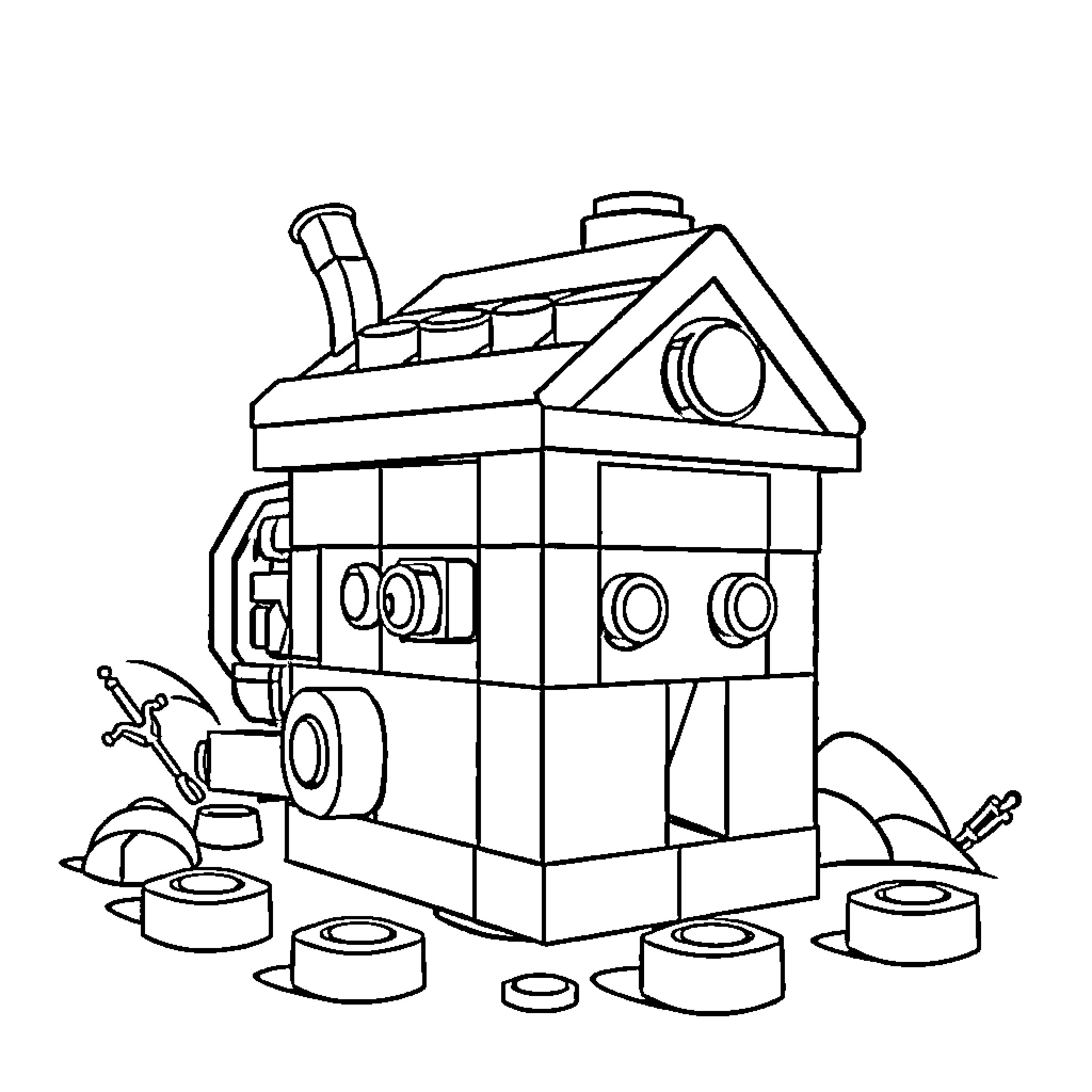Lego vehicle with detached parts Coloring Page (free black-and-white line drawing printable PDF for all, from beginners to advanced learners, including children, teens, adults, and seniors)
