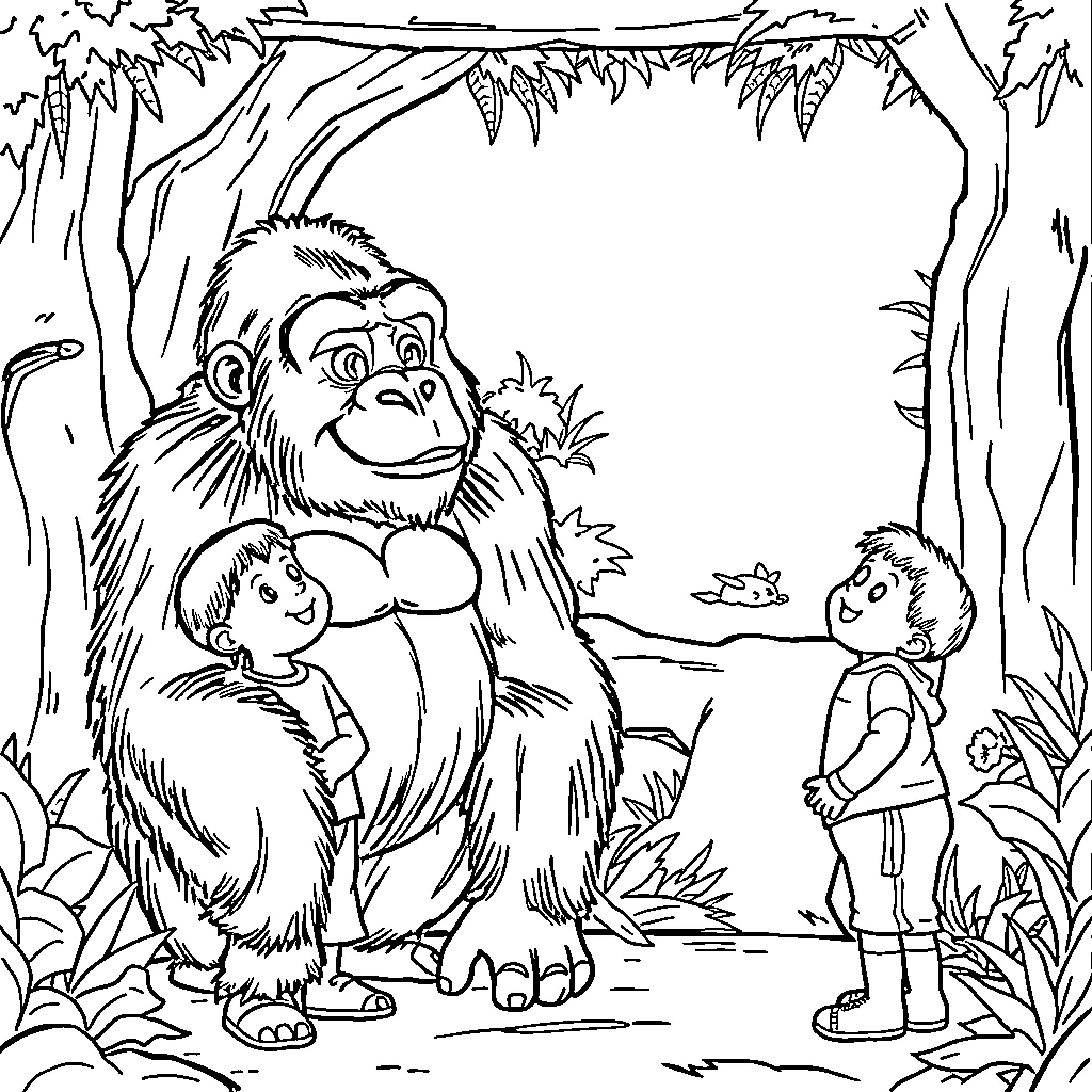 Boy encountering a friendly gorilla in the jungle Coloring Page (free black-and-white line drawing printable PDF for all, from beginners to advanced learners, including children, teens, adults, and seniors)