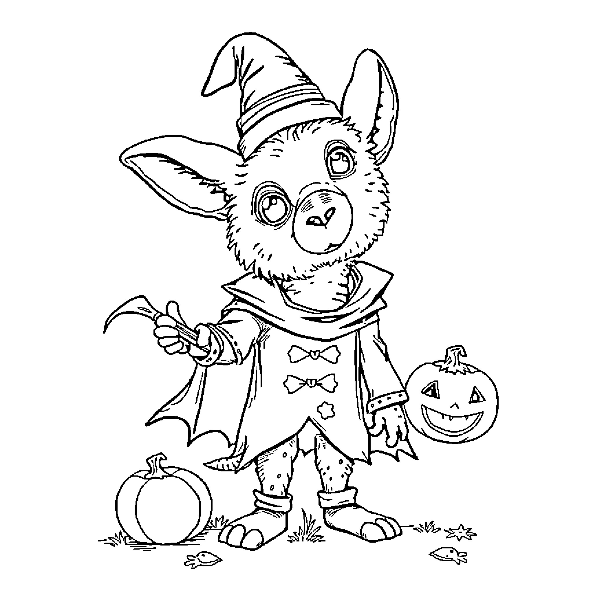 Labubu the Mischievous Halloween Creature Coloring Page (free black-and-white line drawing printable PDF for all, from beginners to advanced learners, including children, teens, adults, and seniors)