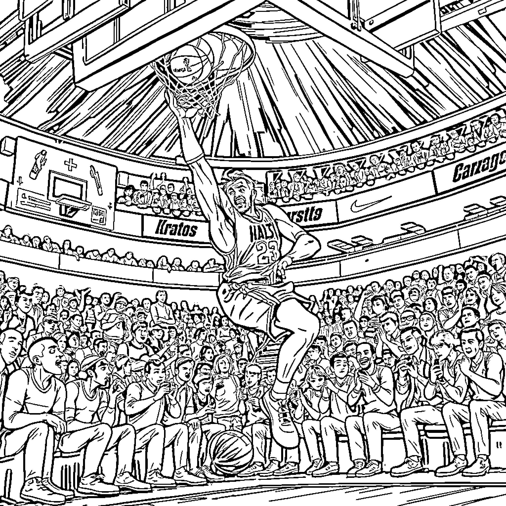 Kratos Soaring Above the Adoring Crowd Coloring Page (free black-and-white line drawing printable PDF for all, from beginners to advanced learners, including children, teens, adults, and seniors)