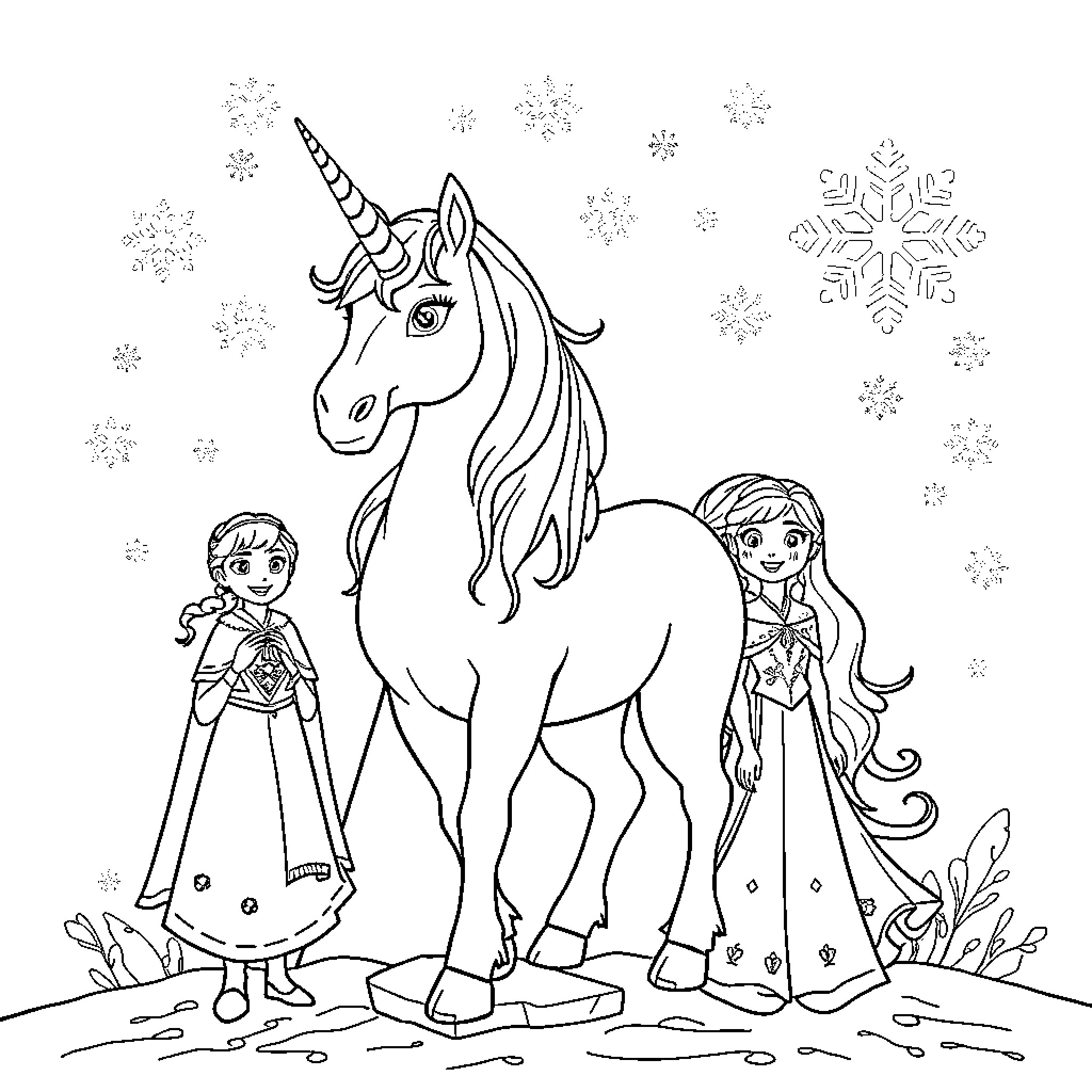 Unicorn and two girls in a winter wonderland Coloring Page (free black-and-white line drawing printable PDF for all, from beginners to advanced learners, including children, teens, adults, and seniors)