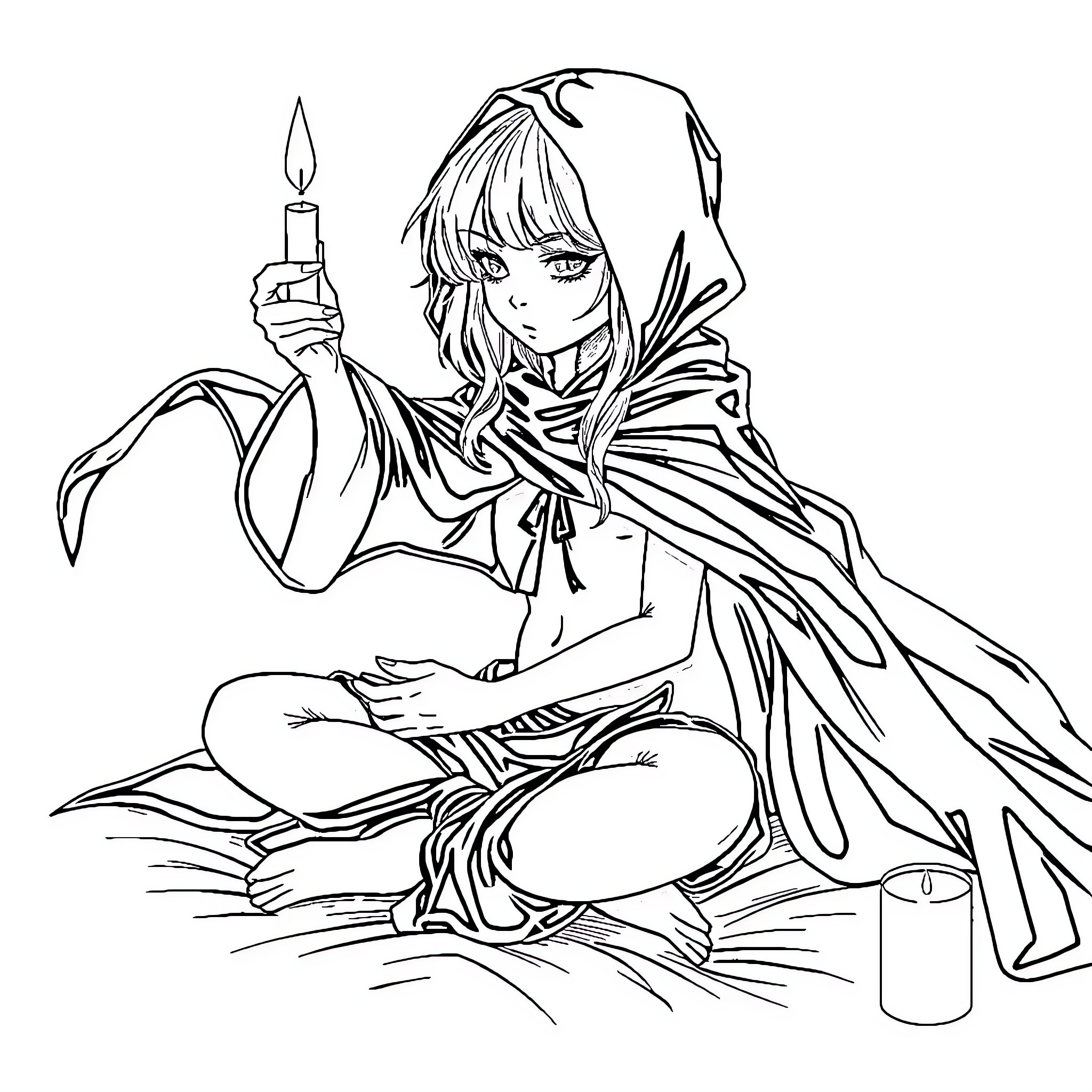 Girl in contemplative pose with candle Coloring Page (free black-and-white line drawing printable PDF for all, from beginners to advanced learners, including children, teens, adults, and seniors)