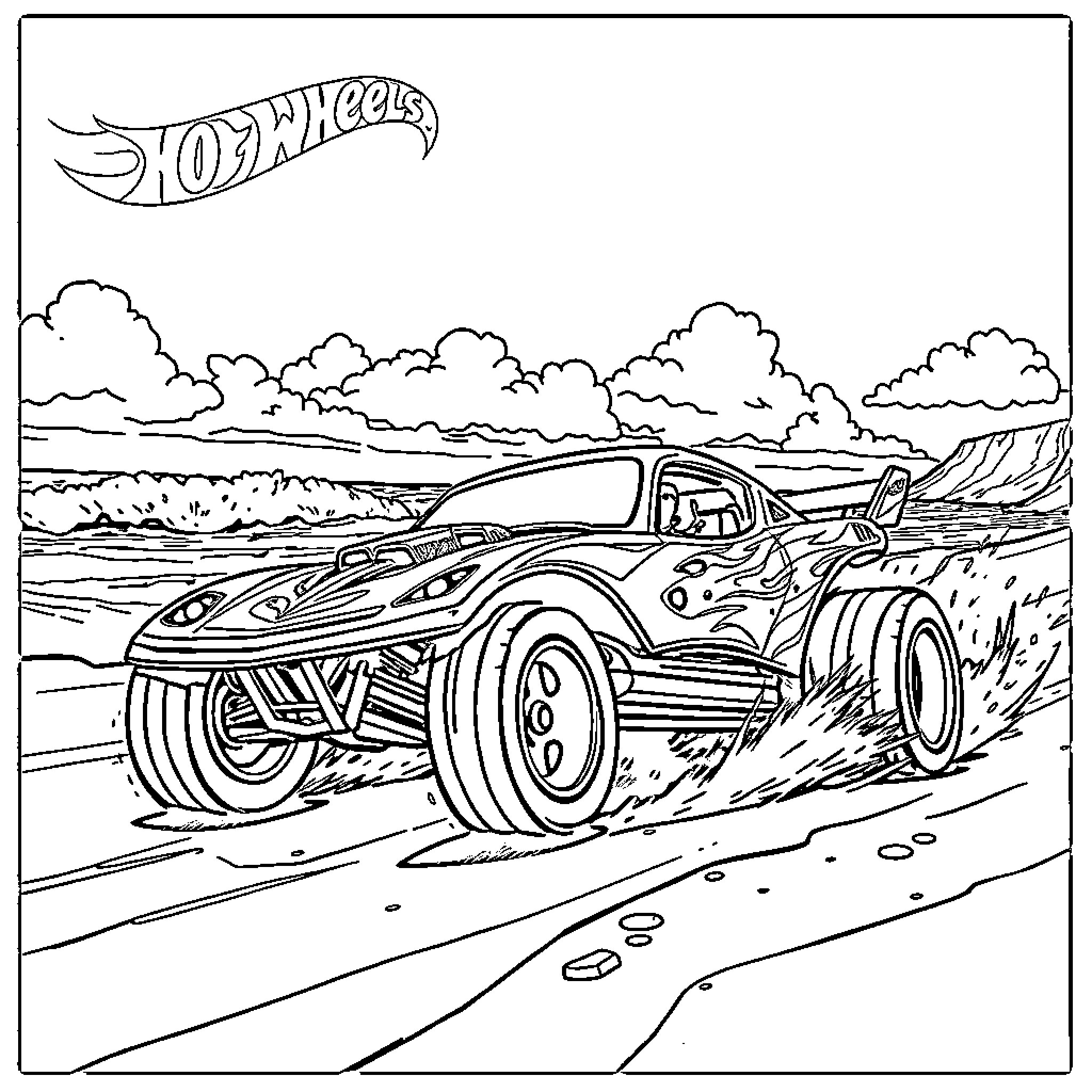 Hot Wheels race car speeding through the desert Coloring Page (free black-and-white line drawing printable PDF for all, from beginners to advanced learners, including children, teens, adults, and seniors)