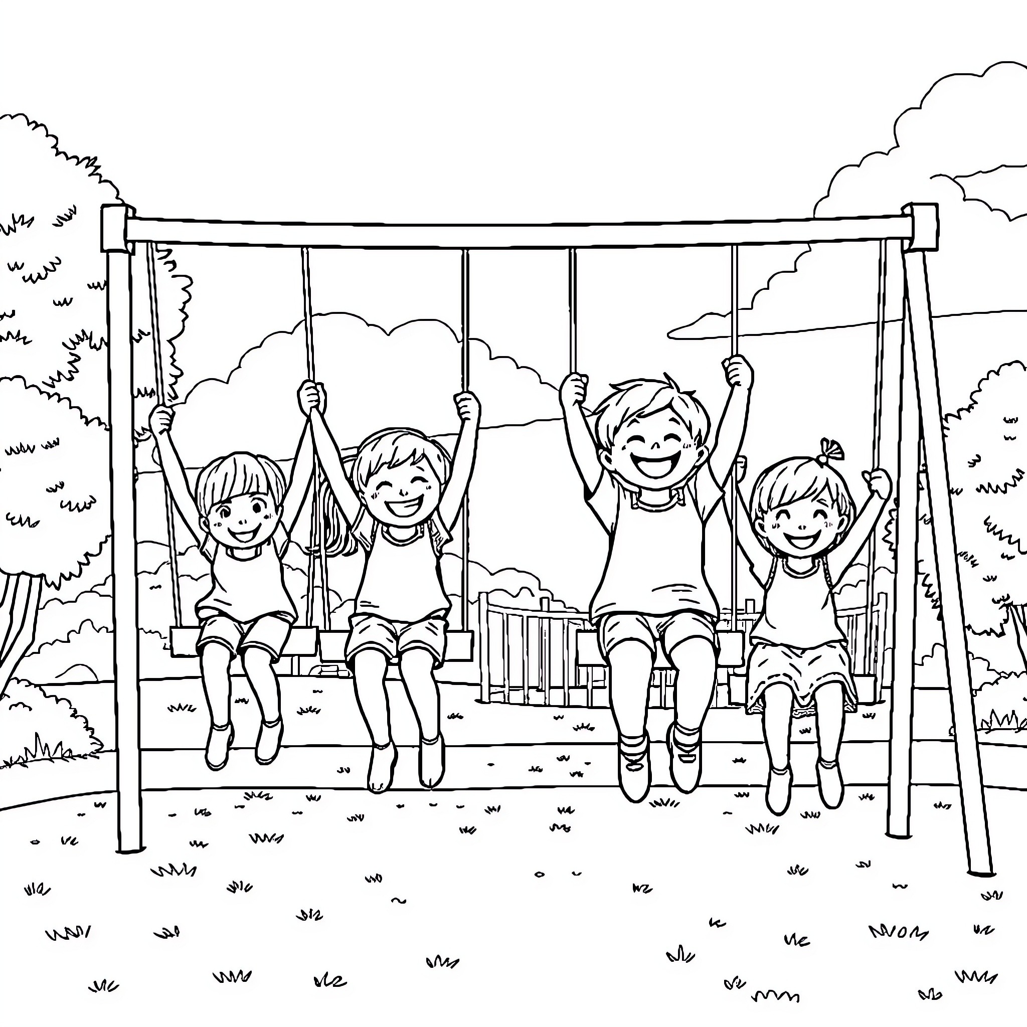 Kids happily swinging together on a playground Coloring Page (free black-and-white line drawing printable PDF for all, from beginners to advanced learners, including children, teens, adults, and seniors)