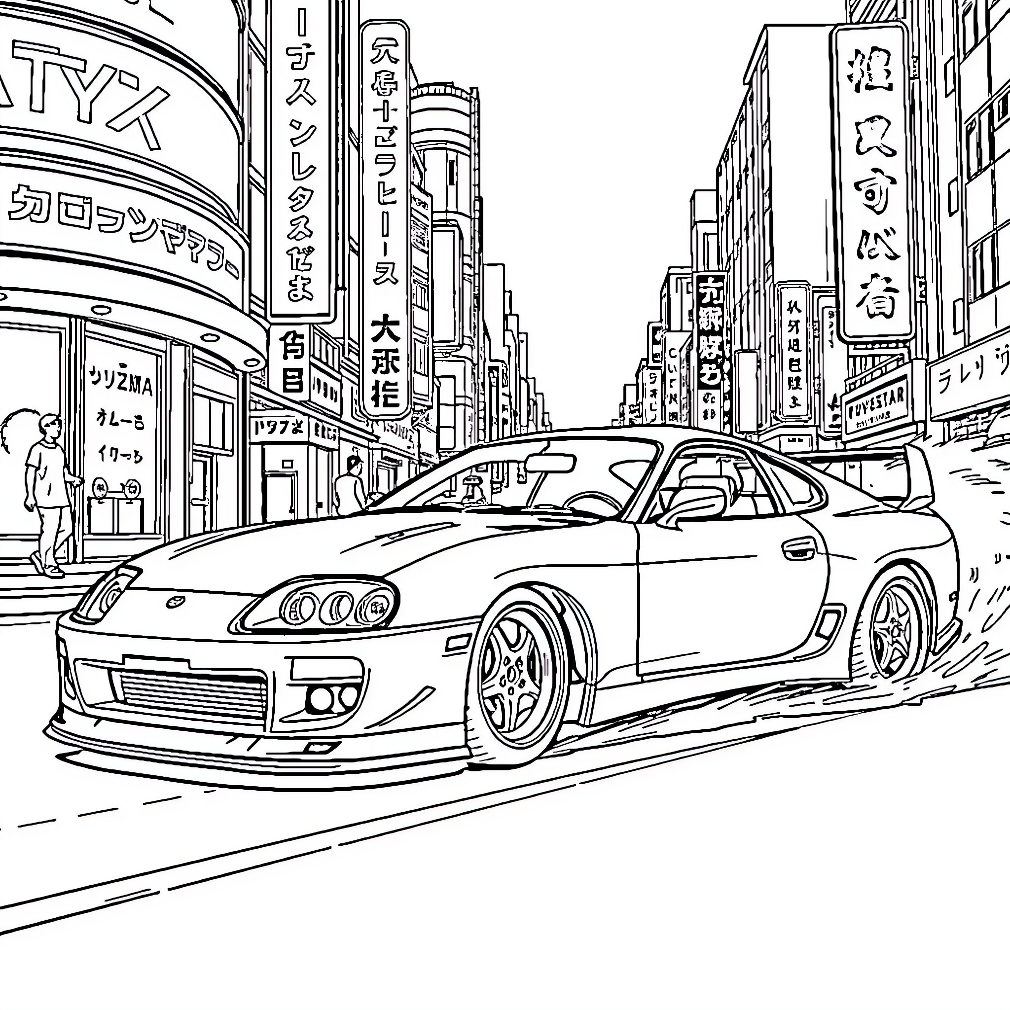 Supra speeding through a bustling Japanese city Coloring Page (free black-and-white line drawing printable PDF for all, from beginners to advanced learners, including children, teens, adults, and seniors)