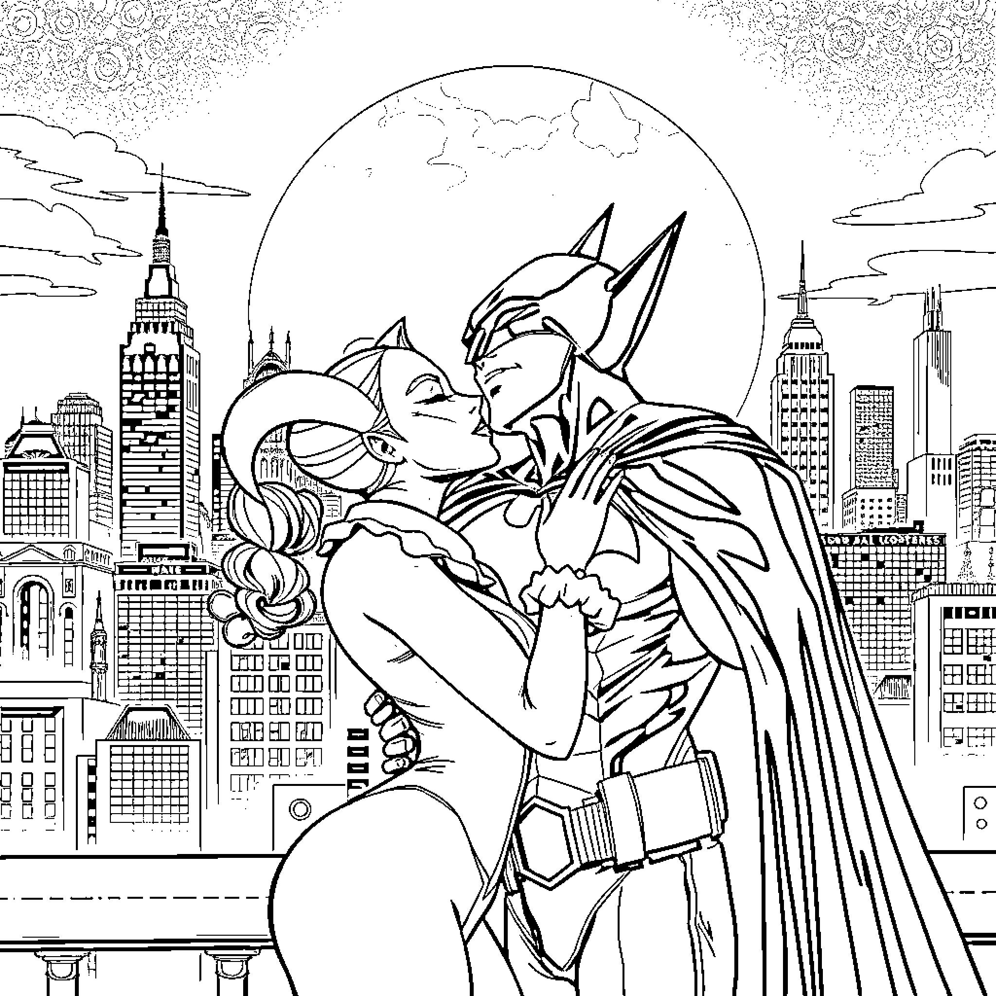 Batman embracing Catwoman in Gotham City skyline Coloring Page (free black-and-white line drawing printable PDF for all, from beginners to advanced learners, including children, teens, adults, and seniors)