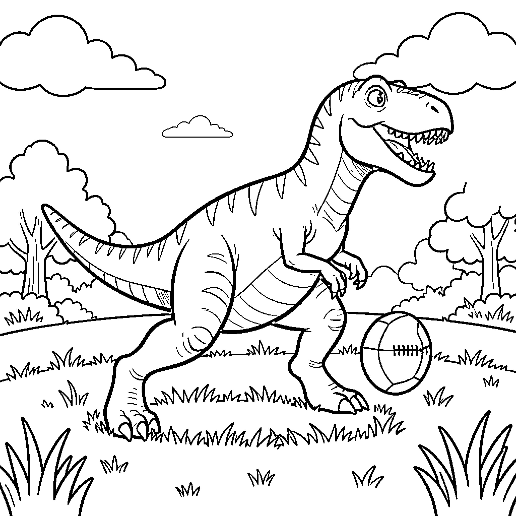 Dinosaur playing with a football in a field Coloring Page (free black-and-white line drawing printable PDF for all, from beginners to advanced learners, including children, teens, adults, and seniors)