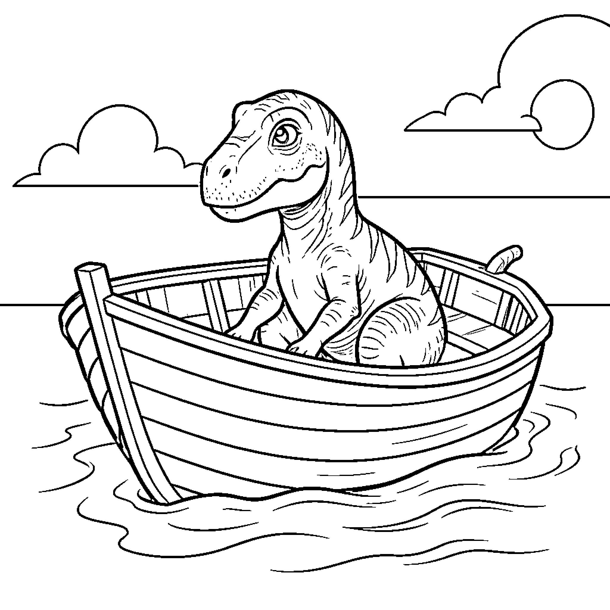 Dinosaur sitting calmly in a small wooden boat Coloring Page (free black-and-white line drawing printable PDF for all, from beginners to advanced learners, including children, teens, adults, and seniors)