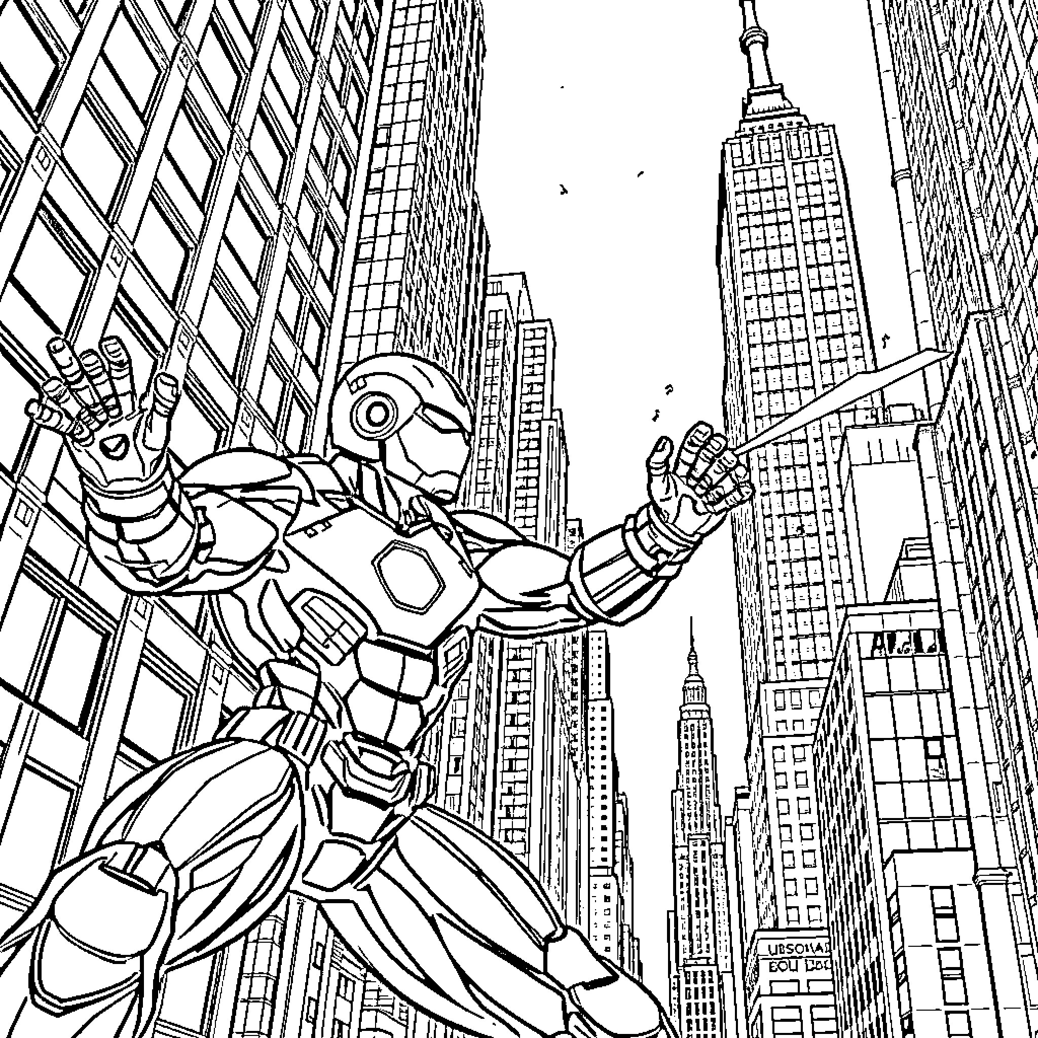 Ladybug Superhero Soars over Towering Skyscrapers Coloring Page (free black-and-white line drawing printable PDF for all, from beginners to advanced learners, including children, teens, adults, and seniors)