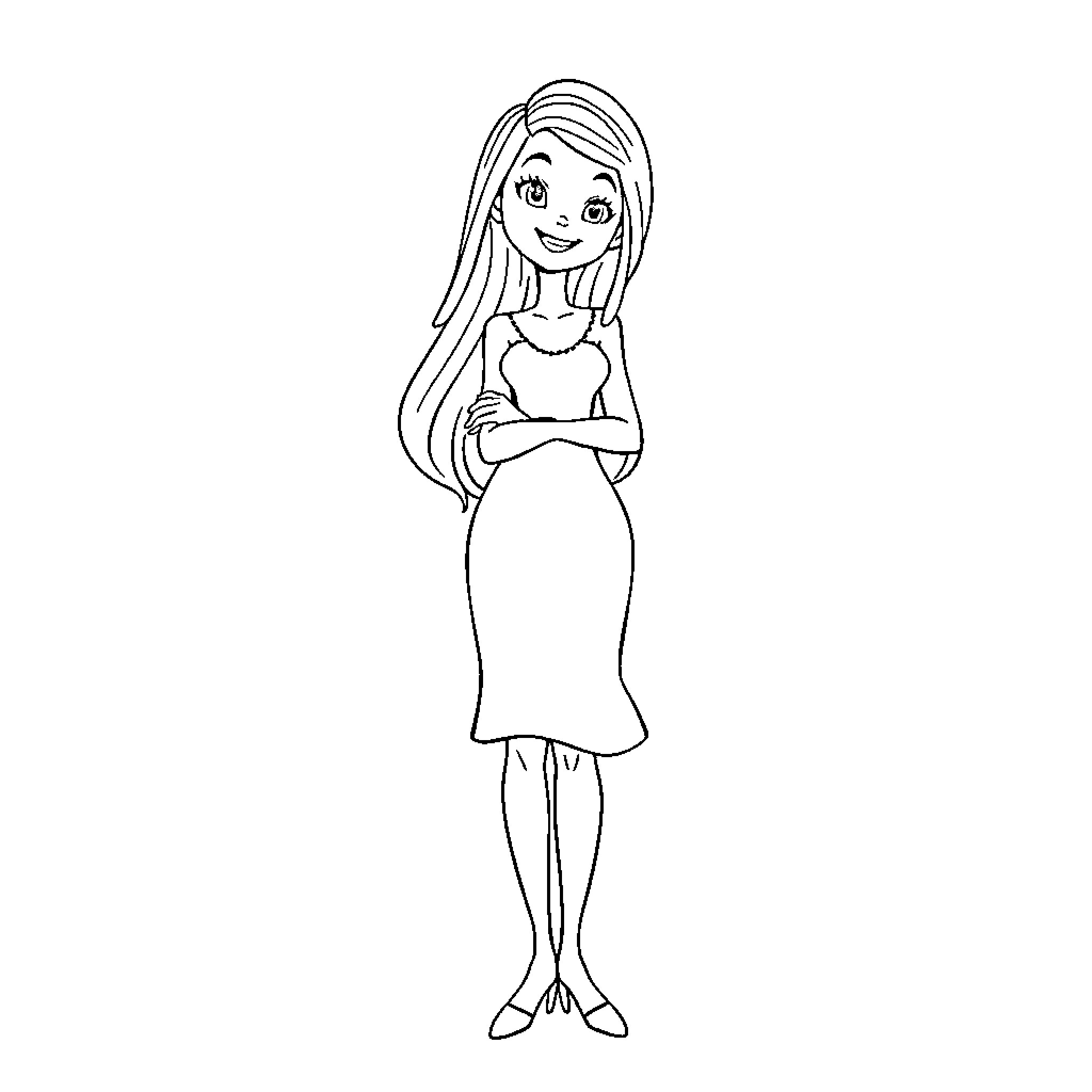Apolline smiling gracefully in a long dress Coloring Page (free black-and-white line drawing printable PDF for all, from beginners to advanced learners, including children, teens, adults, and seniors)