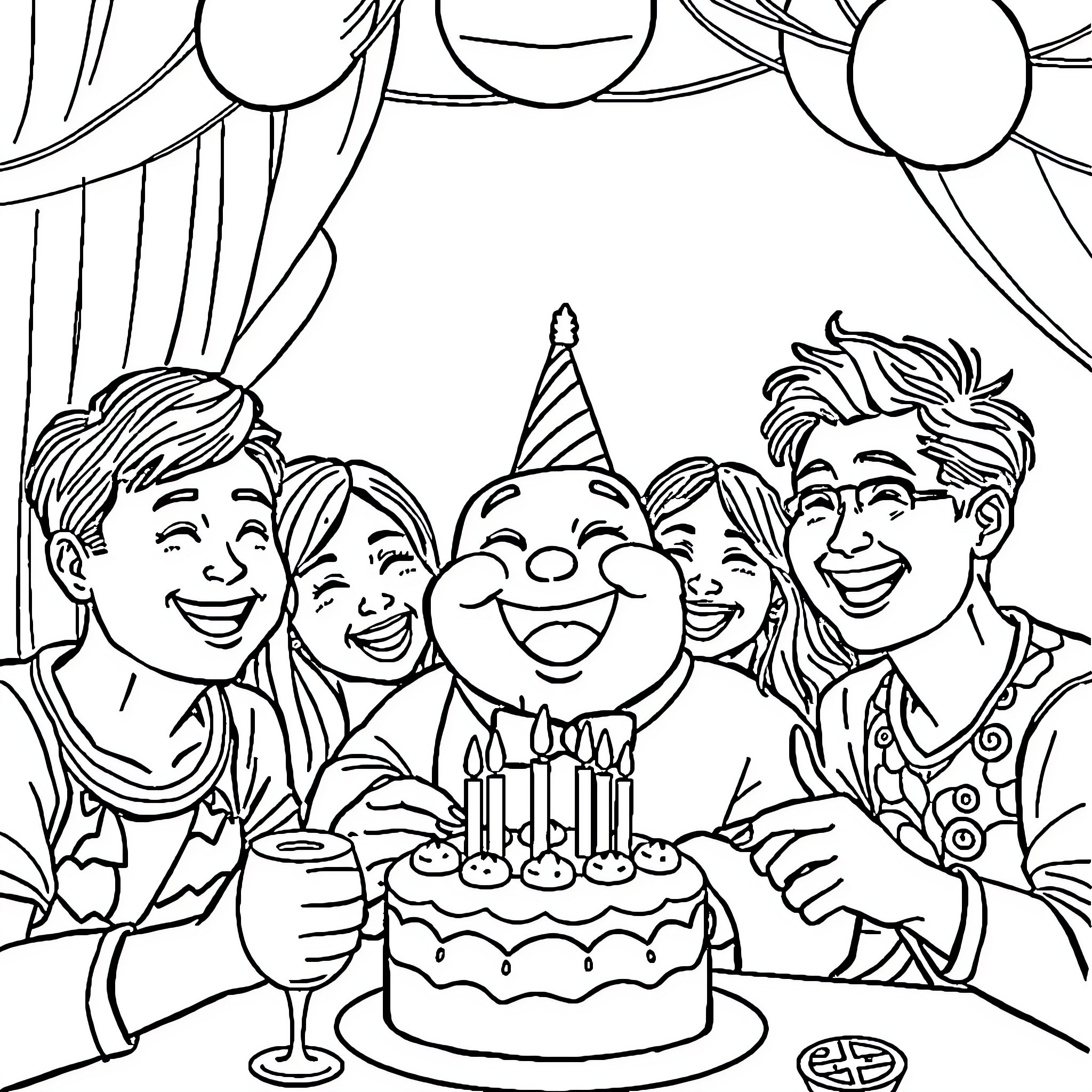 Bopa's Birthday Celebration with Friends Coloring Page (free black-and-white line drawing printable PDF for all, from beginners to advanced learners, including children, teens, adults, and seniors)