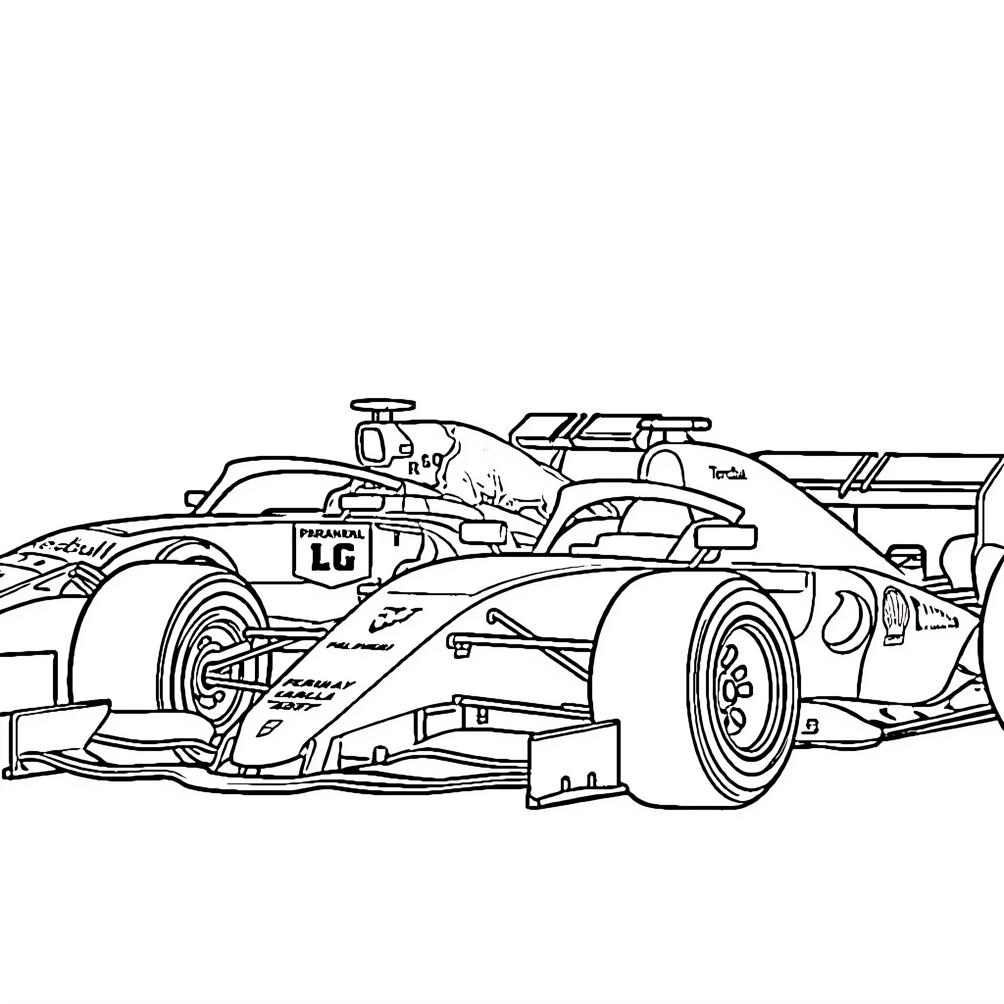 Formula 1 Car in Racing Action Coloring Page (free black-and-white line drawing printable PDF for all, from beginners to advanced learners, including children, teens, adults, and seniors)