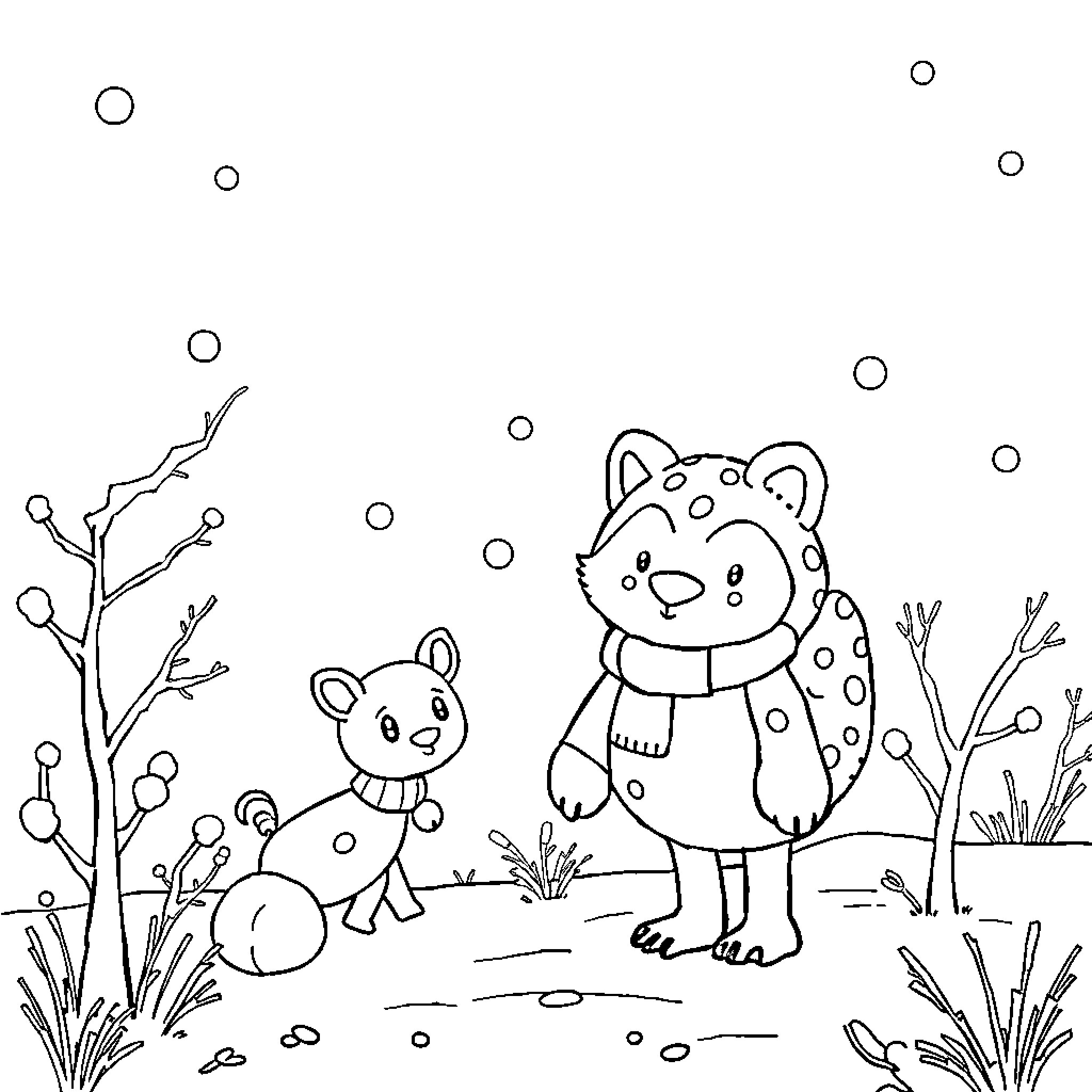 Frog friends playing in the snow Coloring Page (free black-and-white line drawing printable PDF for all, from beginners to advanced learners, including children, teens, adults, and seniors)