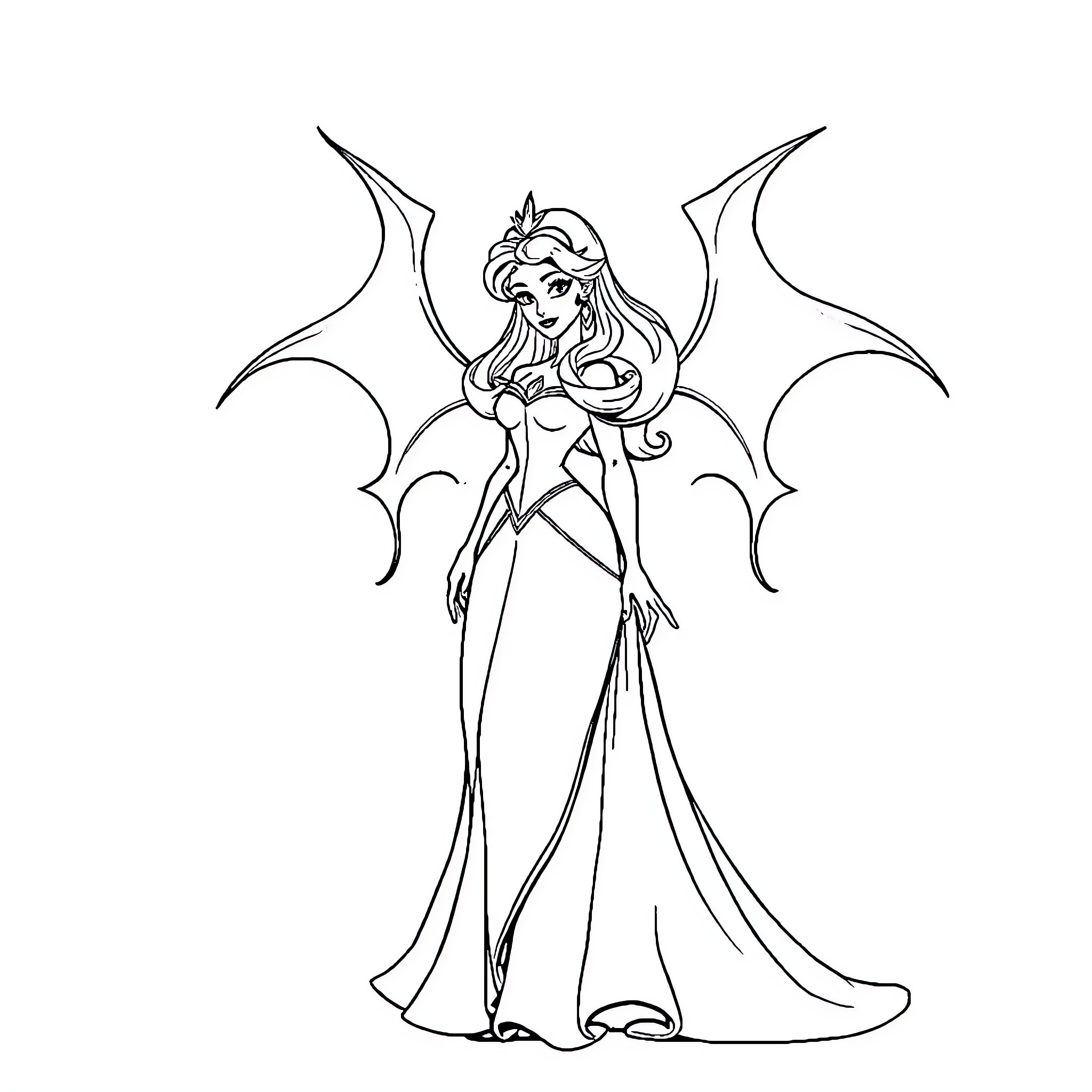 Princess Aurora as a Winged Fairy in a Flowing Dress Coloring Page (free black-and-white line drawing printable PDF for all, from beginners to advanced learners, including children, teens, adults, and seniors)