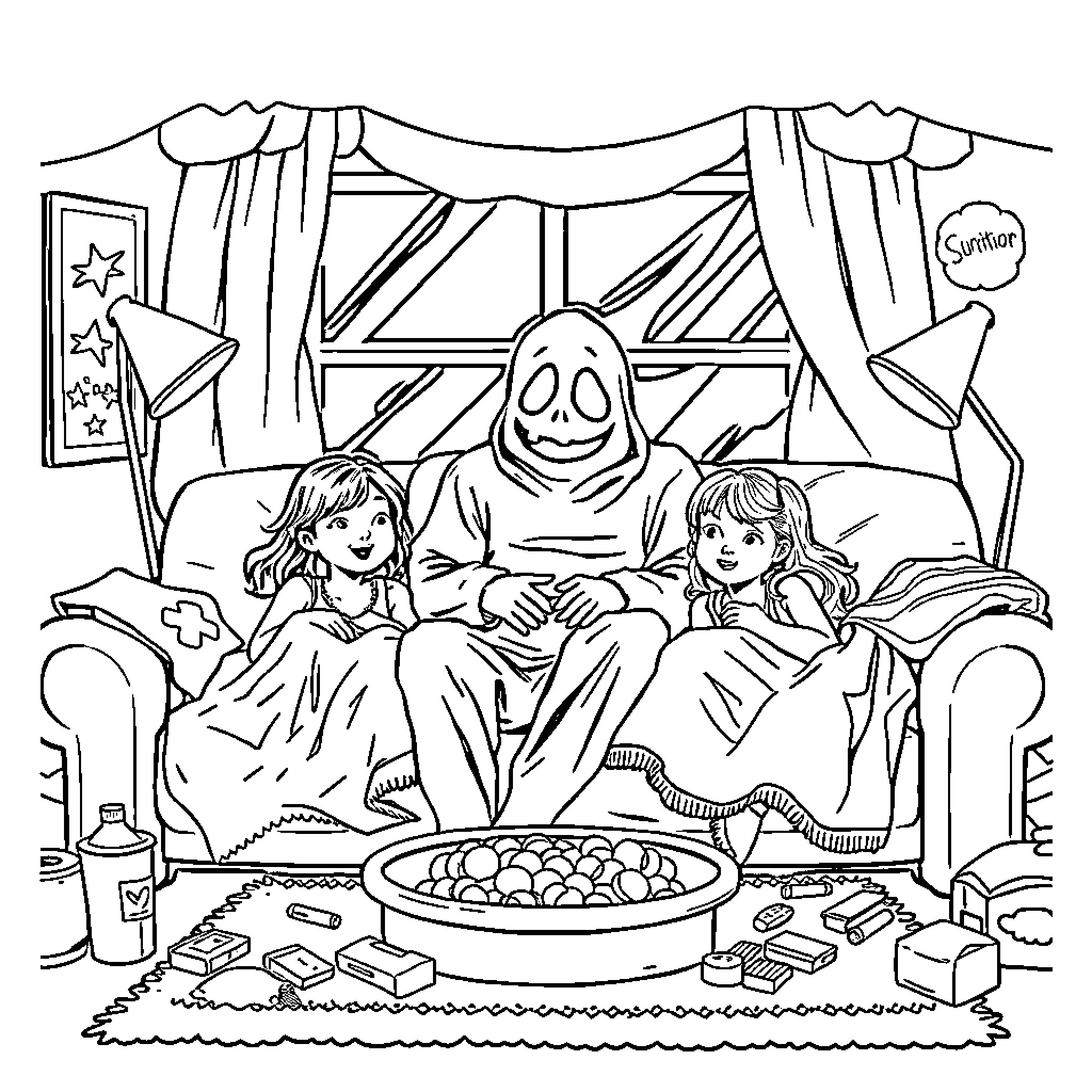 Ghostface entertaining children with snacks Coloring Page (free black-and-white line drawing printable PDF for all, from beginners to advanced learners, including children, teens, adults, and seniors)