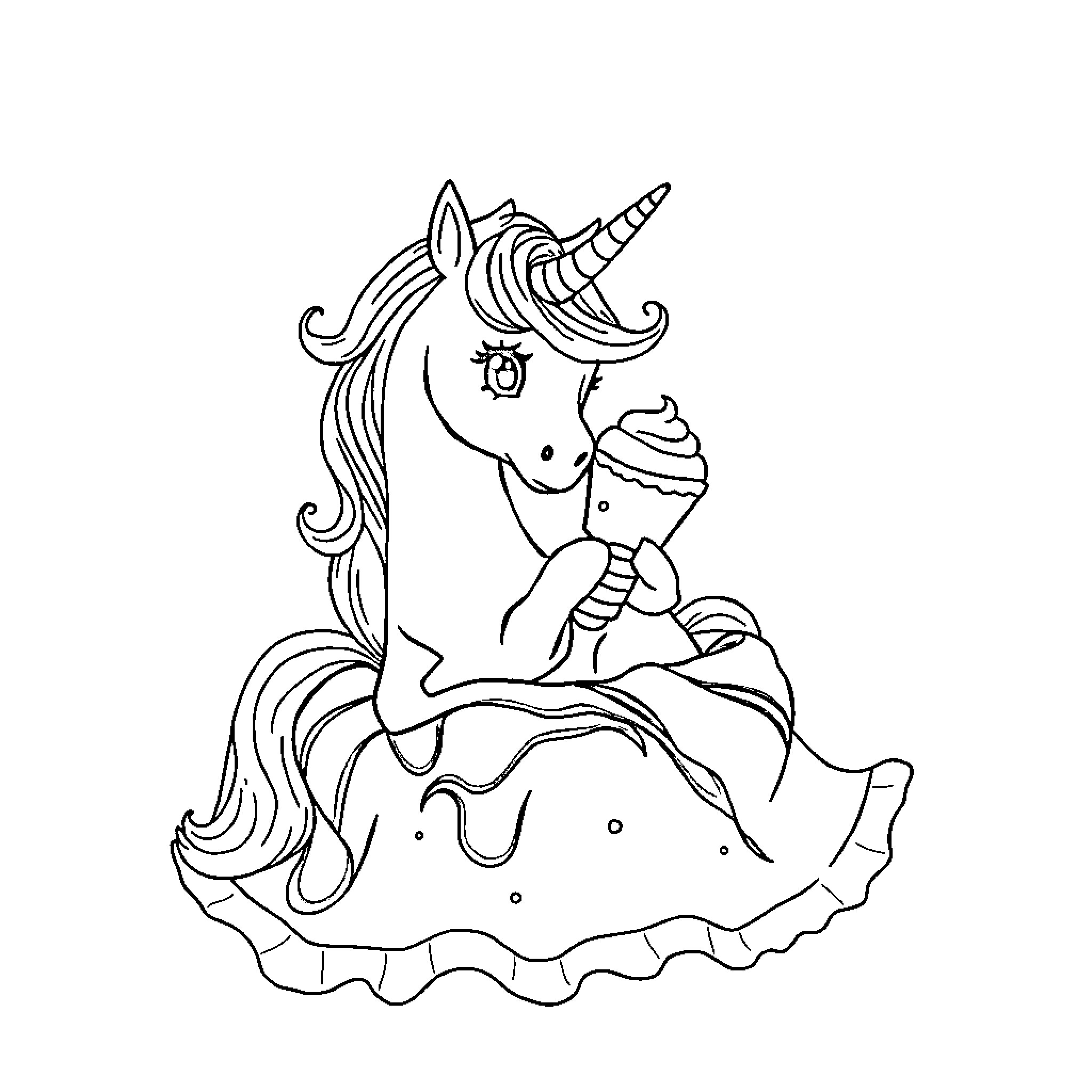 Unicorn enjoying a sweet treat Coloring Page (free black-and-white line drawing printable PDF for all, from beginners to advanced learners, including children, teens, adults, and seniors)