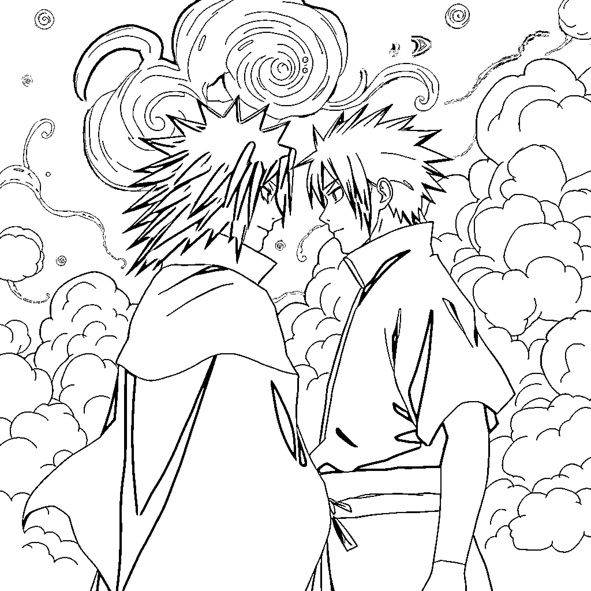 Uchiha Shinobi Clash in Swirling Clouds Coloring Page (free black-and-white line drawing printable PDF for all, from beginners to advanced learners, including children, teens, adults, and seniors)