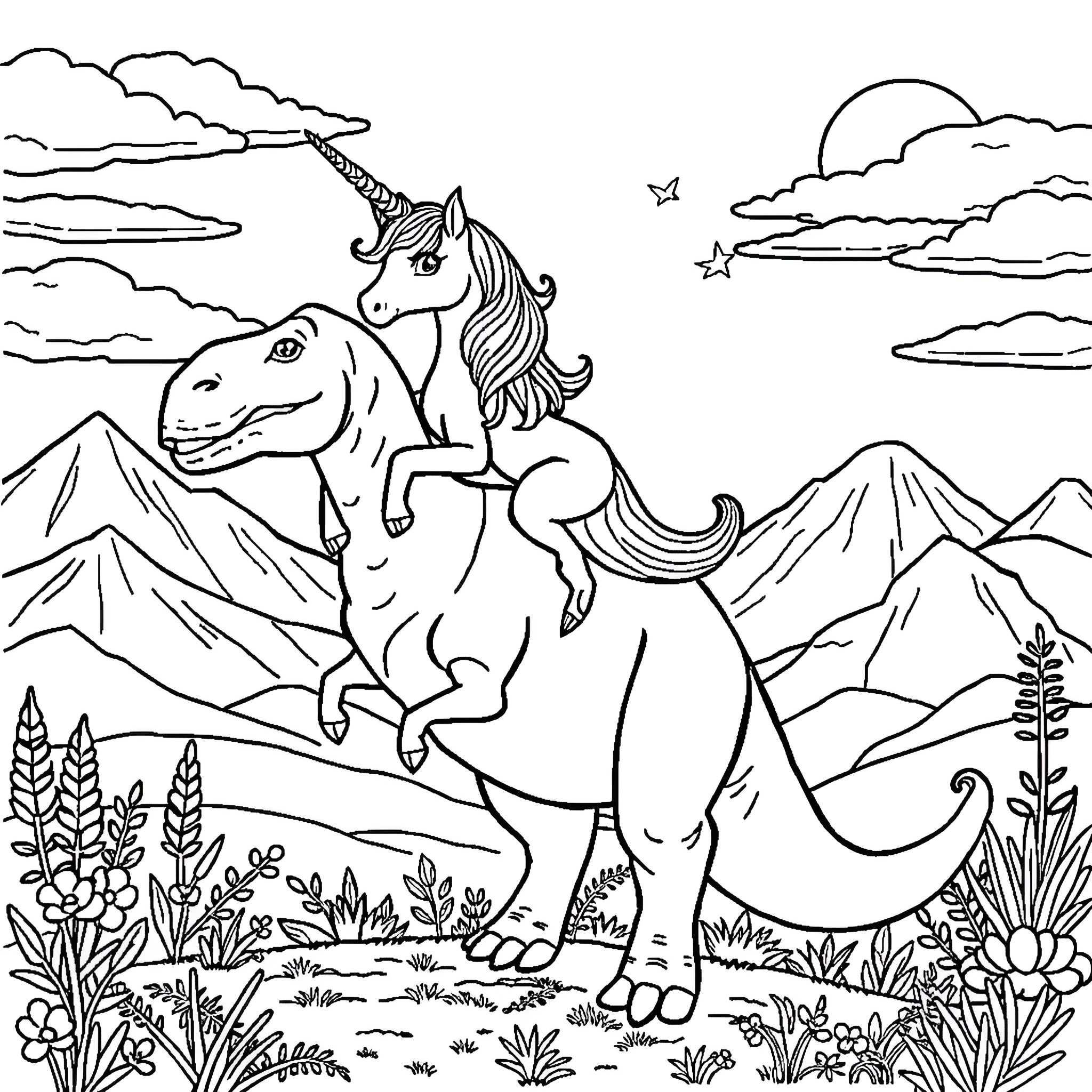 Unicorn Galloping Through Enchanted Landscape Coloring Page (free black-and-white line drawing printable PDF for all, from beginners to advanced learners, including children, teens, adults, and seniors)