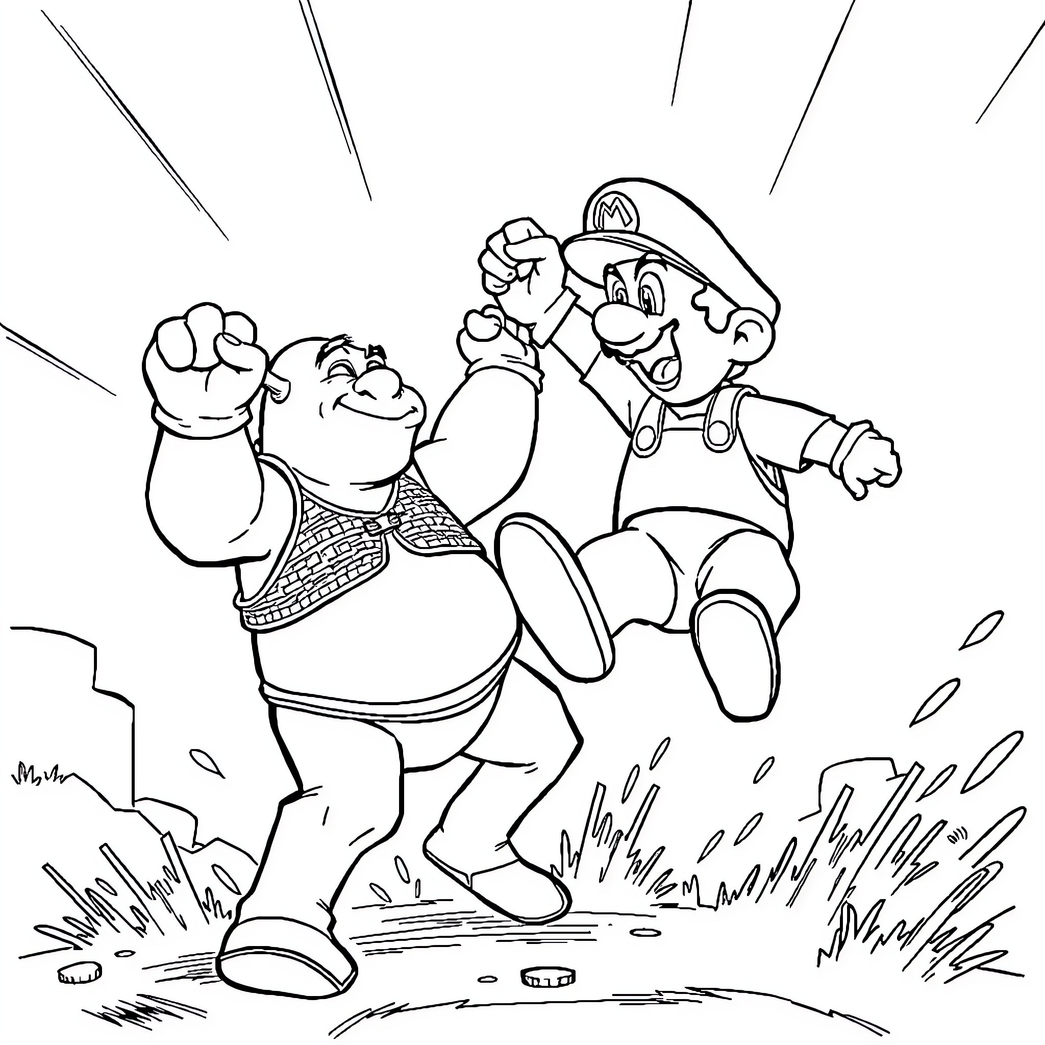 Shrek and Mario Engaged in Playful Antics Coloring Page (free black-and-white line drawing printable PDF for all, from beginners to advanced learners, including children, teens, adults, and seniors)
