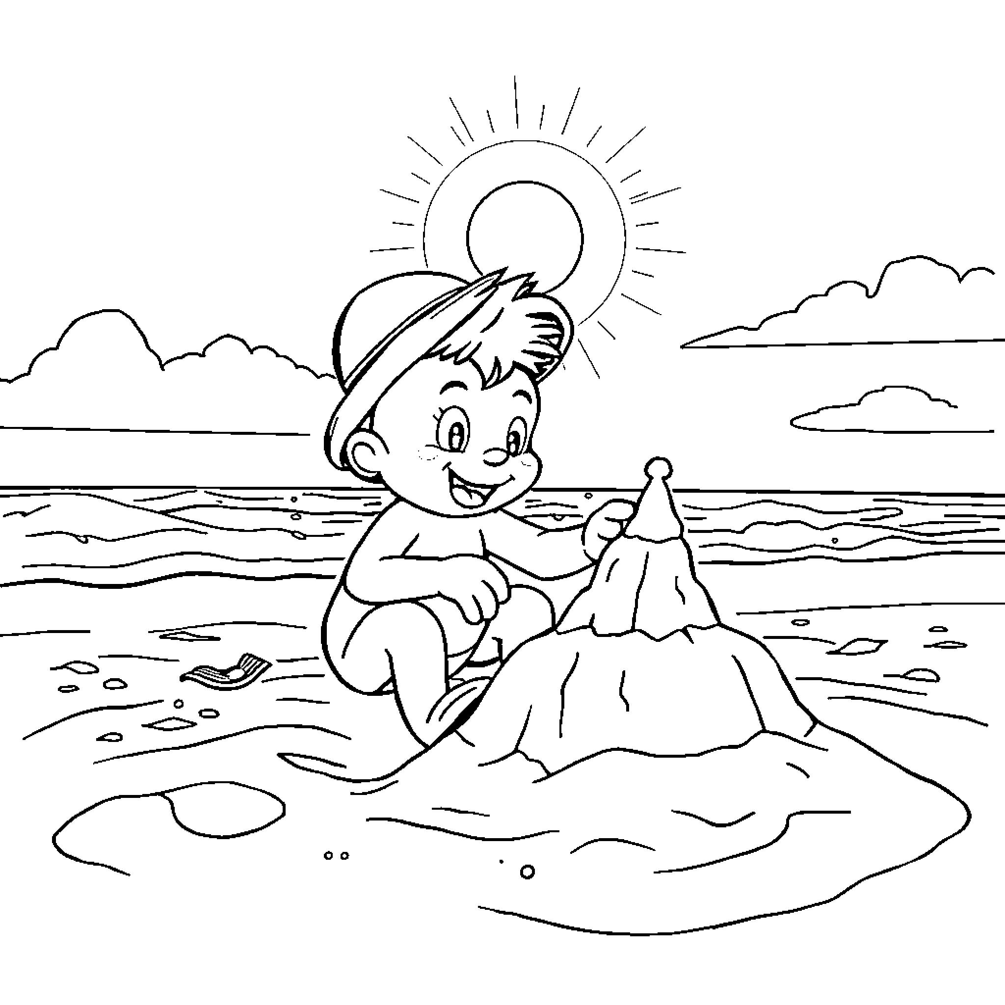 Bluey builds a sandcastle on the beach Coloring Page (free black-and-white line drawing printable PDF for all, from beginners to advanced learners, including children, teens, adults, and seniors)