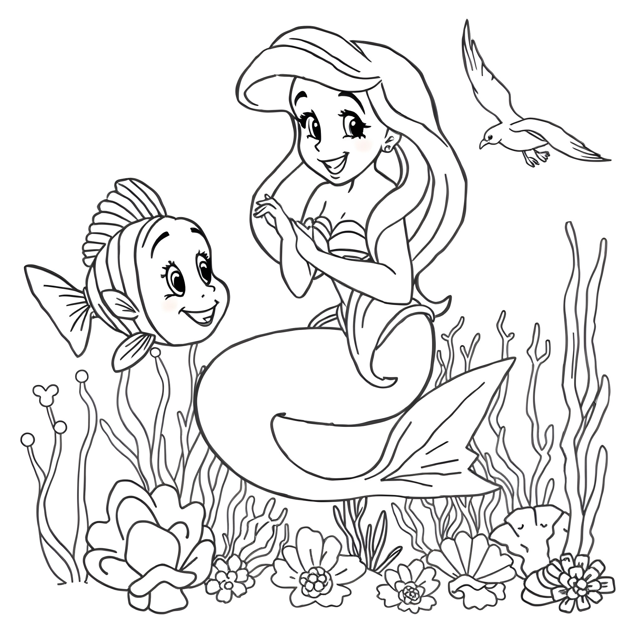 Ariel swimming with marine friends in the ocean Coloring Page (free black-and-white line drawing printable PDF for all, from beginners to advanced learners, including children, teens, adults, and seniors)