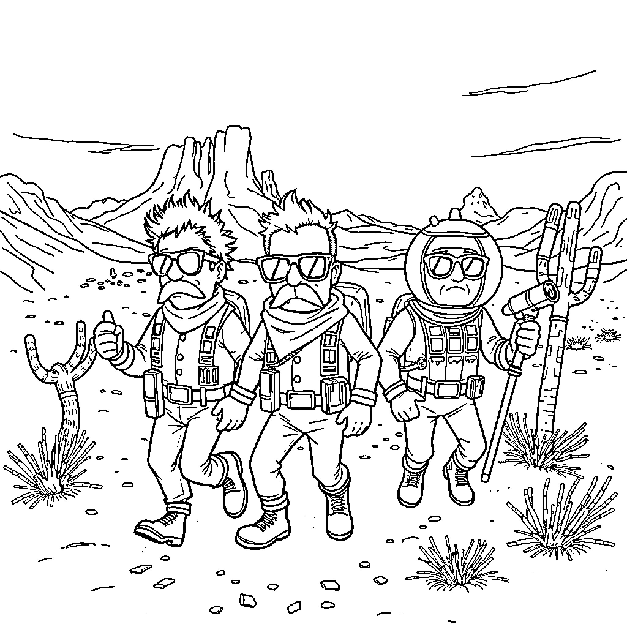 Spaceball heroes explore the desert landscape Coloring Page (free black-and-white line drawing printable PDF for all, from beginners to advanced learners, including children, teens, adults, and seniors)