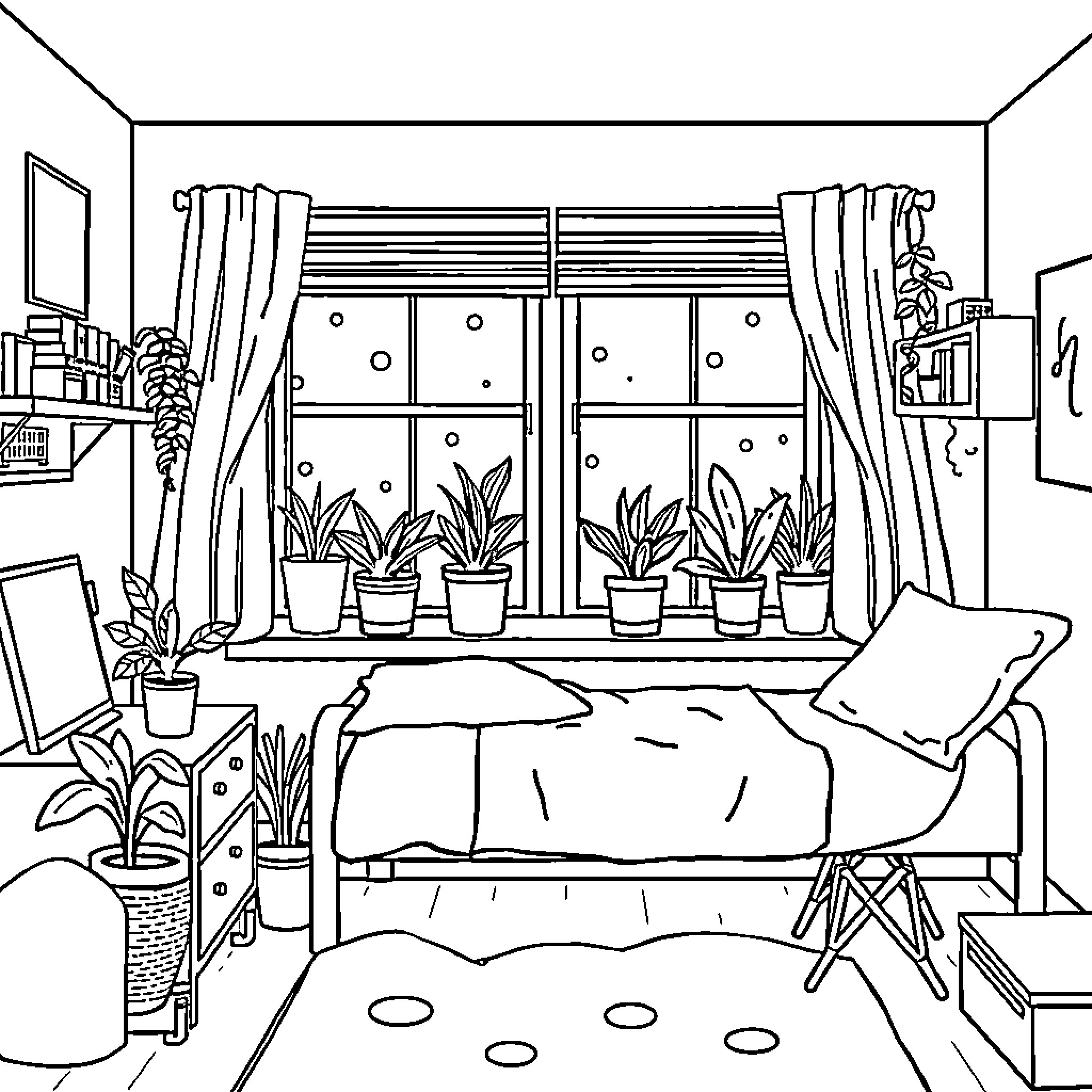 Plant-filled Cozy Indoor Scene Coloring Page (free black-and-white line drawing printable PDF for all, from beginners to advanced learners, including children, teens, adults, and seniors)