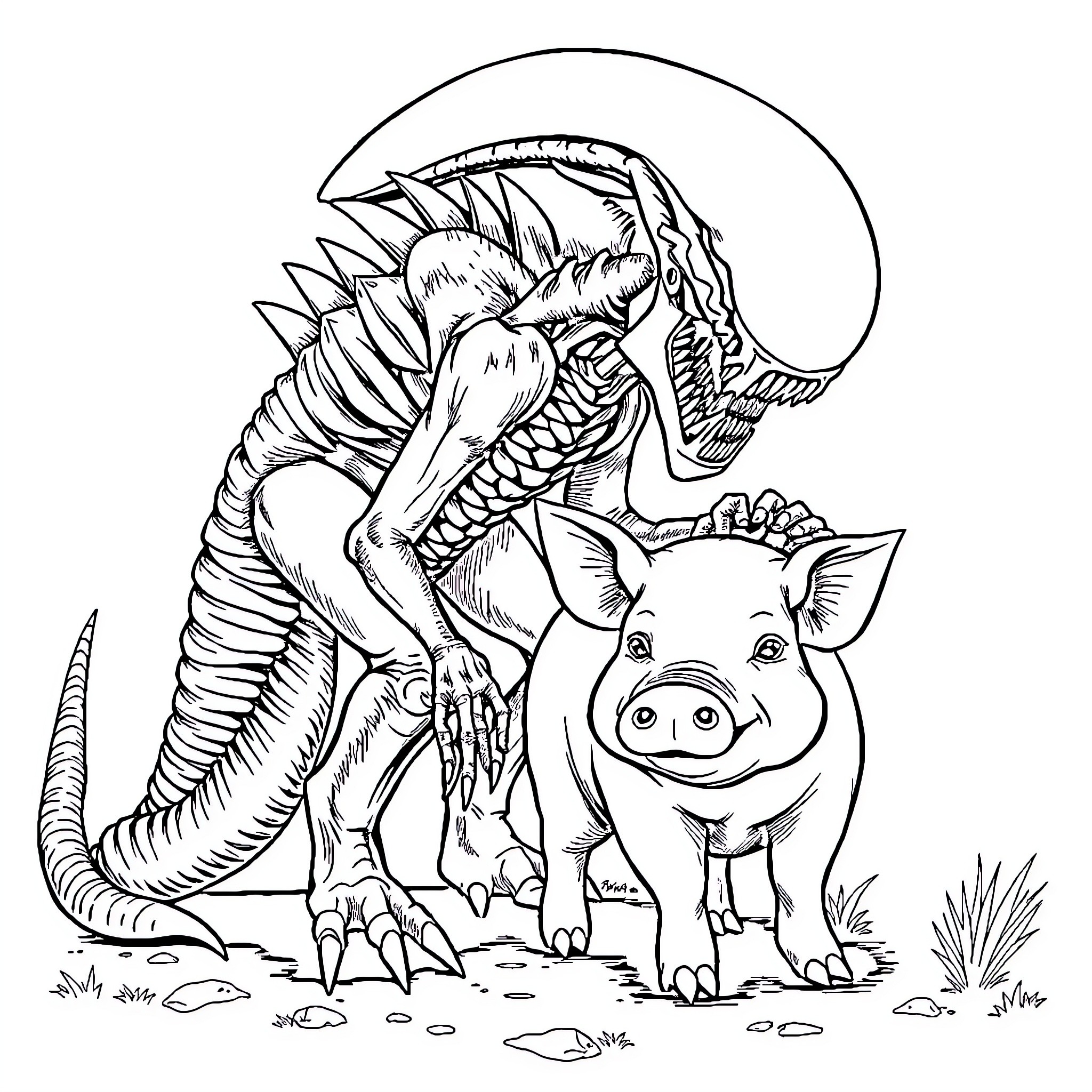 Xenomorph and Pig Encounter in Nature Coloring Page (free black-and-white line drawing printable PDF for all, from beginners to advanced learners, including children, teens, adults, and seniors)